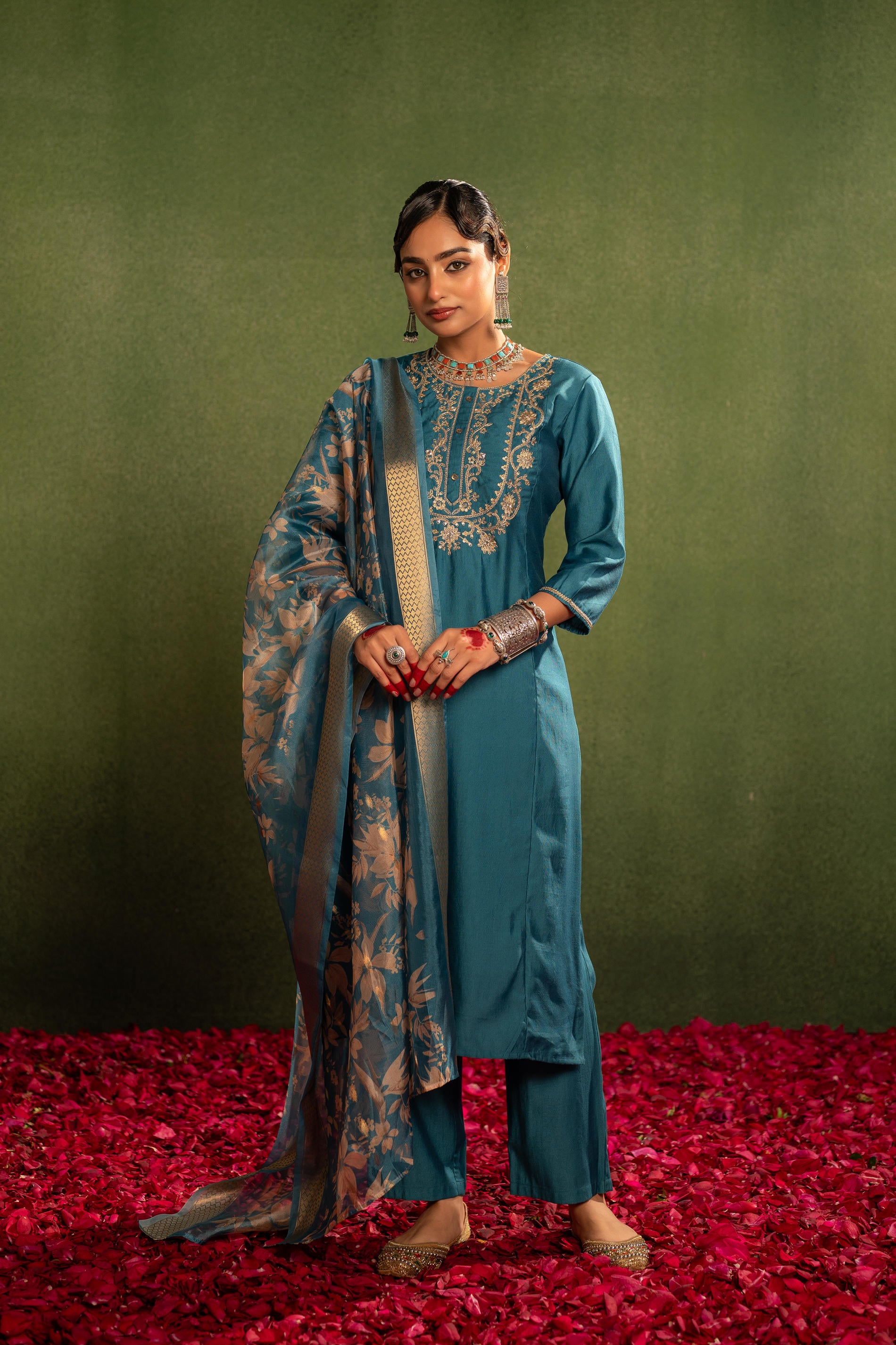 Teal,  Embroidered Kurta Set with Jacquard Dupatta