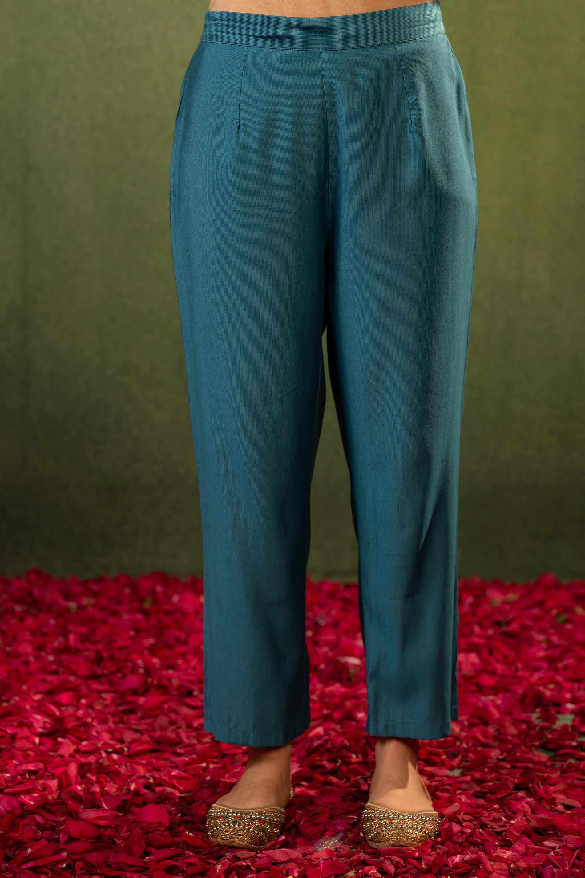 Teal,  Embroidered Kurta Set with Jacquard Dupatta