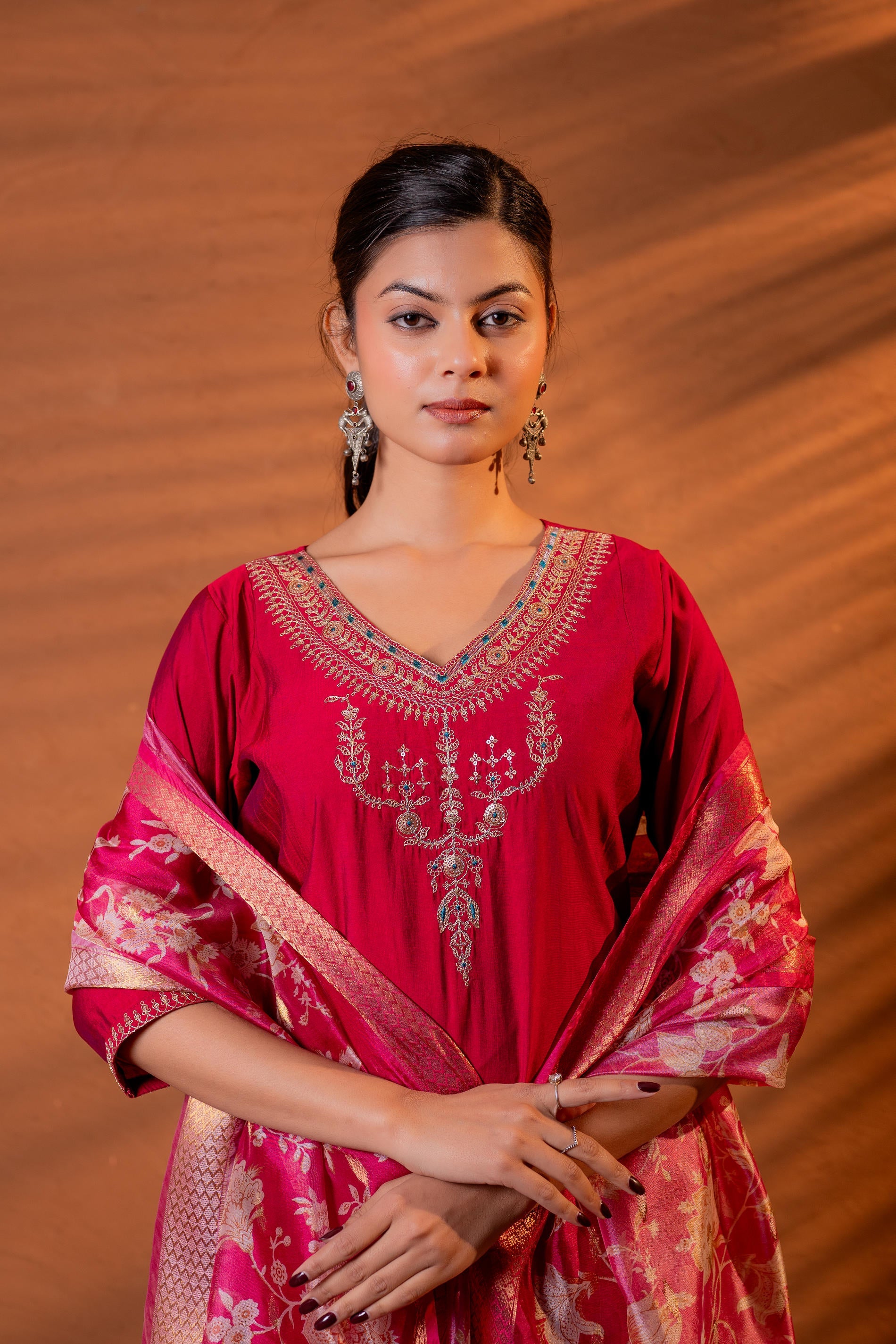 Fuchsia, Zari Embroidered Straight Kurta Set with Floral printed Dupatta