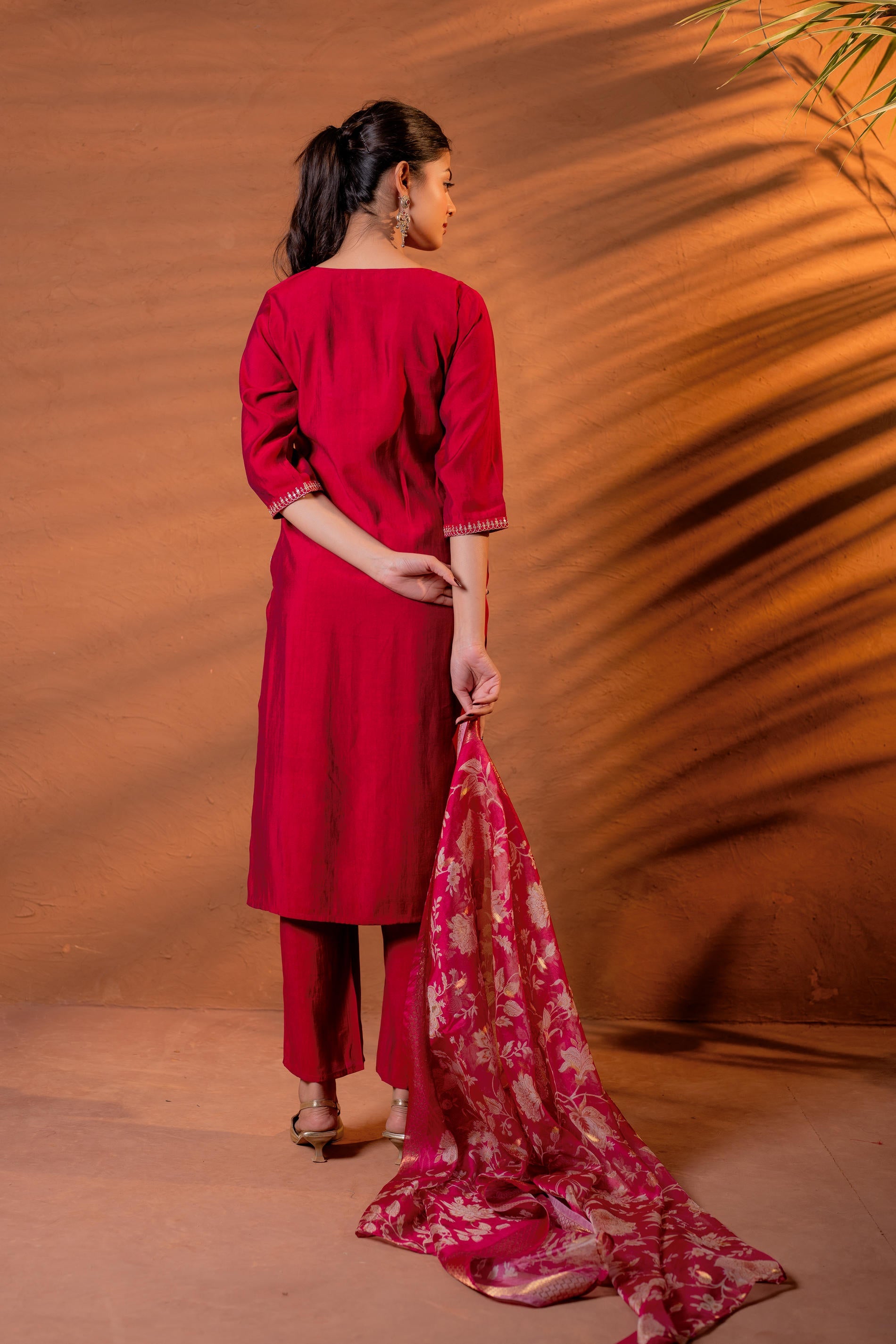 Fuchsia, Zari Embroidered Straight Kurta Set with Floral printed Dupatta
