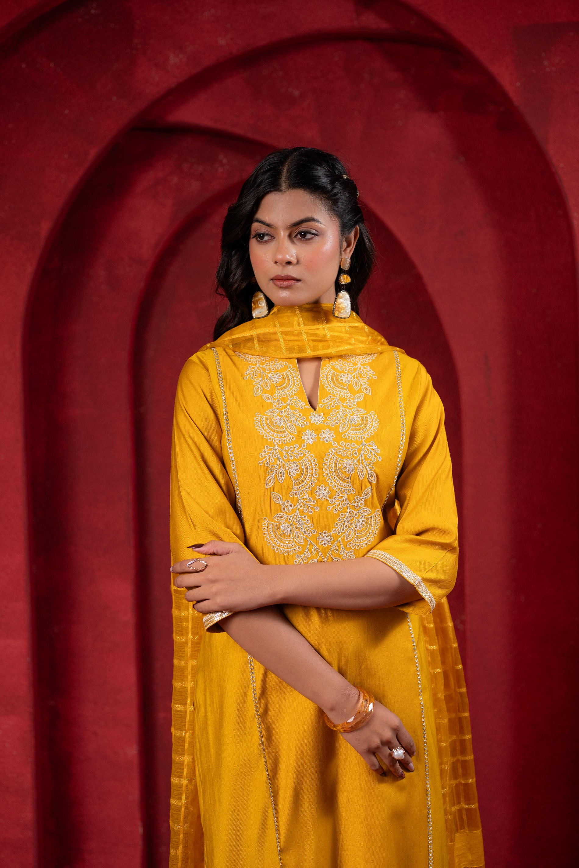 Sunlit Mustard Embroidered Kurta Set with Zari Checked Dupatta