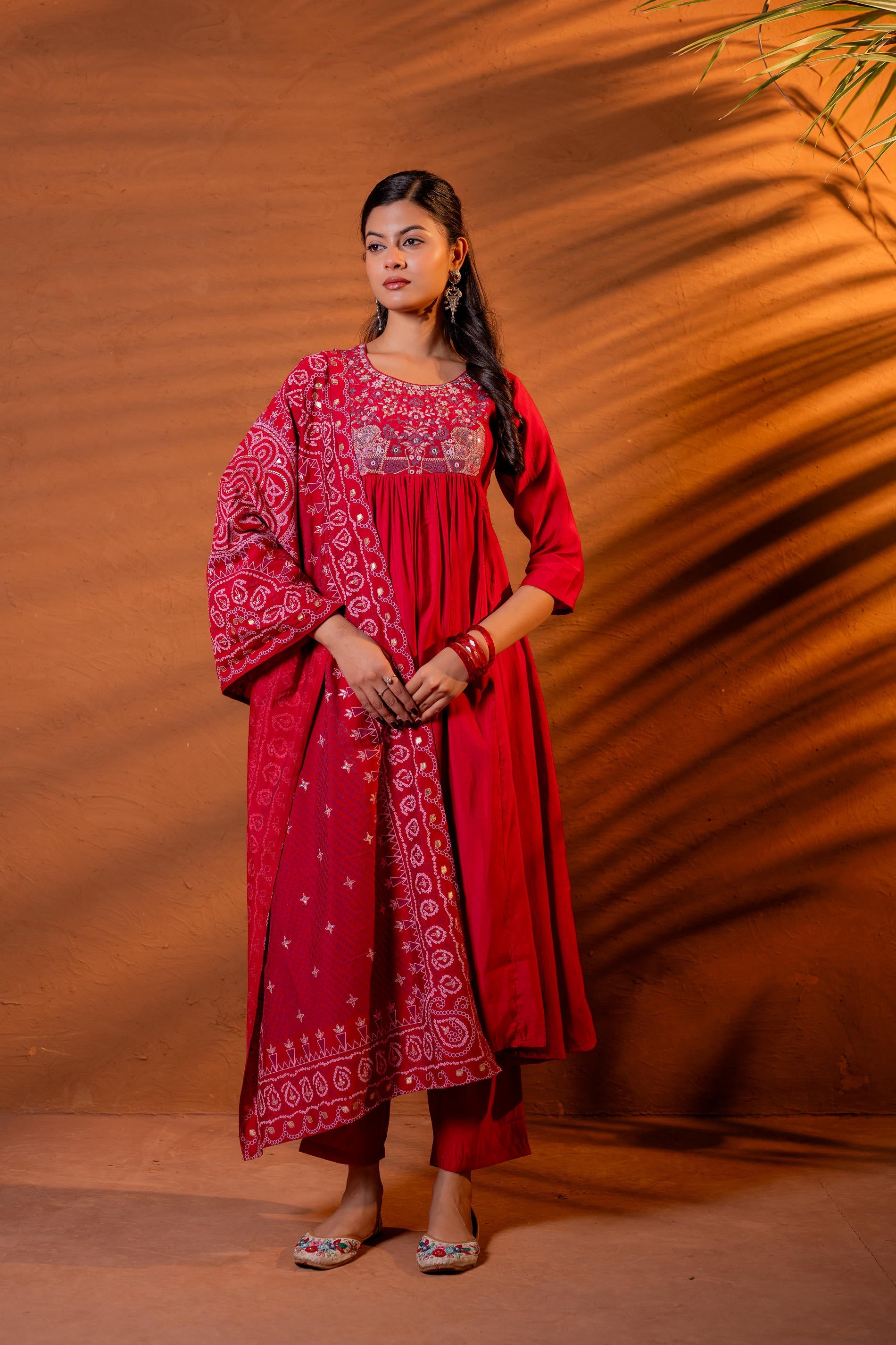 Maroon, Ajrakh-Inspired Printed Kurta Set with Embroidered Yoke & Matching Dupatta