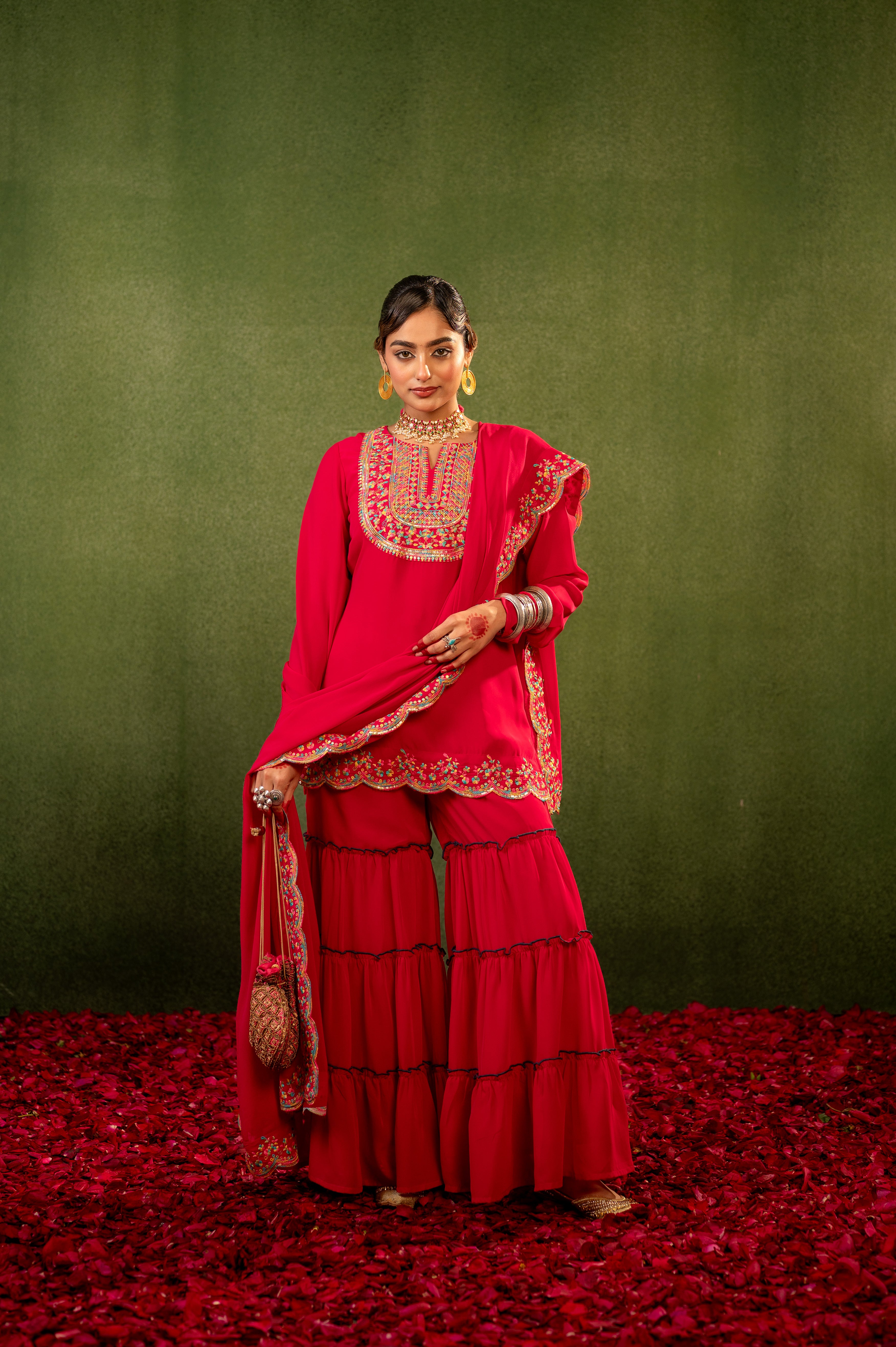 Pink Embroidered Kurta Sharara Set with Dupatta