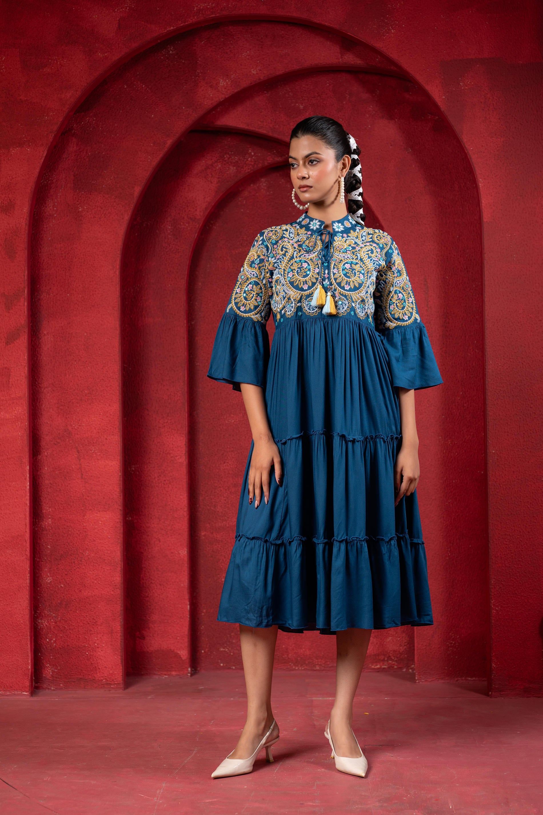 Indigo Tiered Dress with Multicolor Embroidered Yoke and Tassel Tie-Up