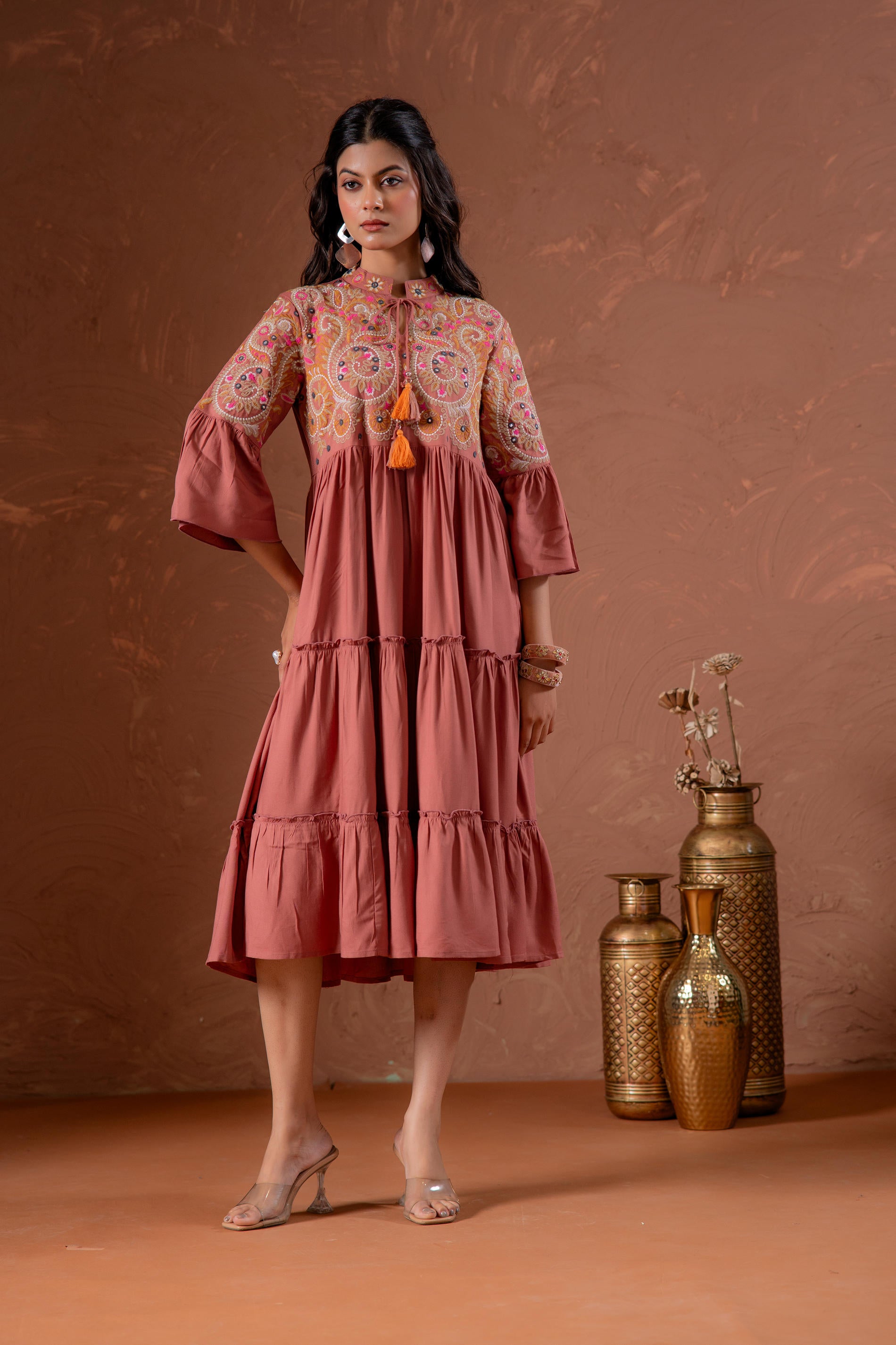 Rust Tiered Dress with Multicolor Embroidered Yoke and Tassel Tie-Up