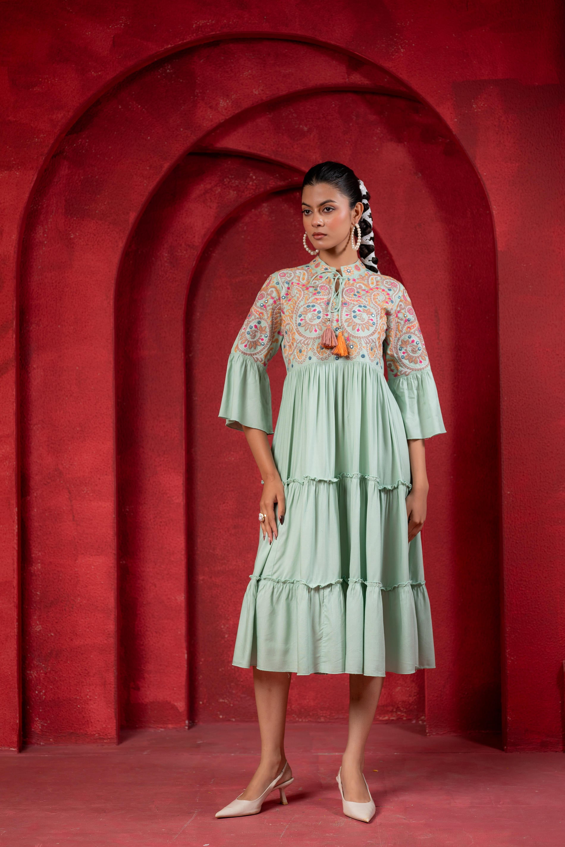 Sage Green Tiered Dress with Multicolor Embroidered Yoke and Tassel Tie-Up