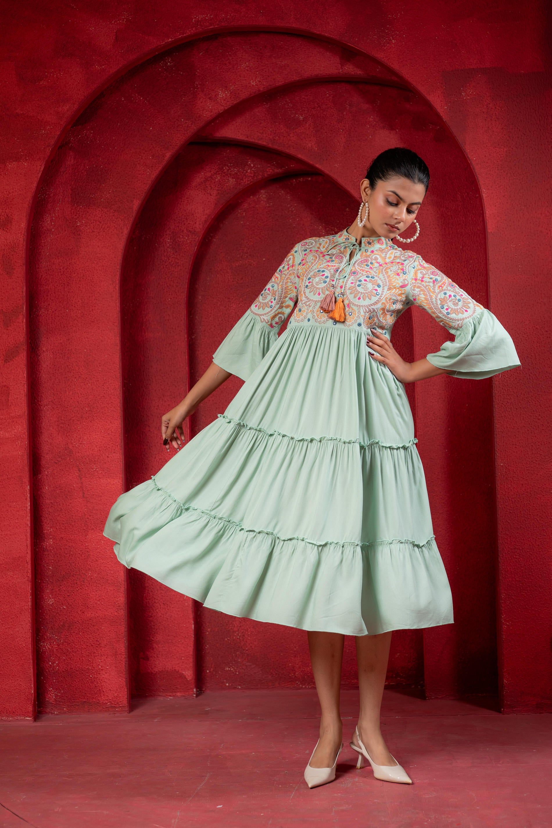 Sage Green Tiered Dress with Multicolor Embroidered Yoke and Tassel Tie-Up
