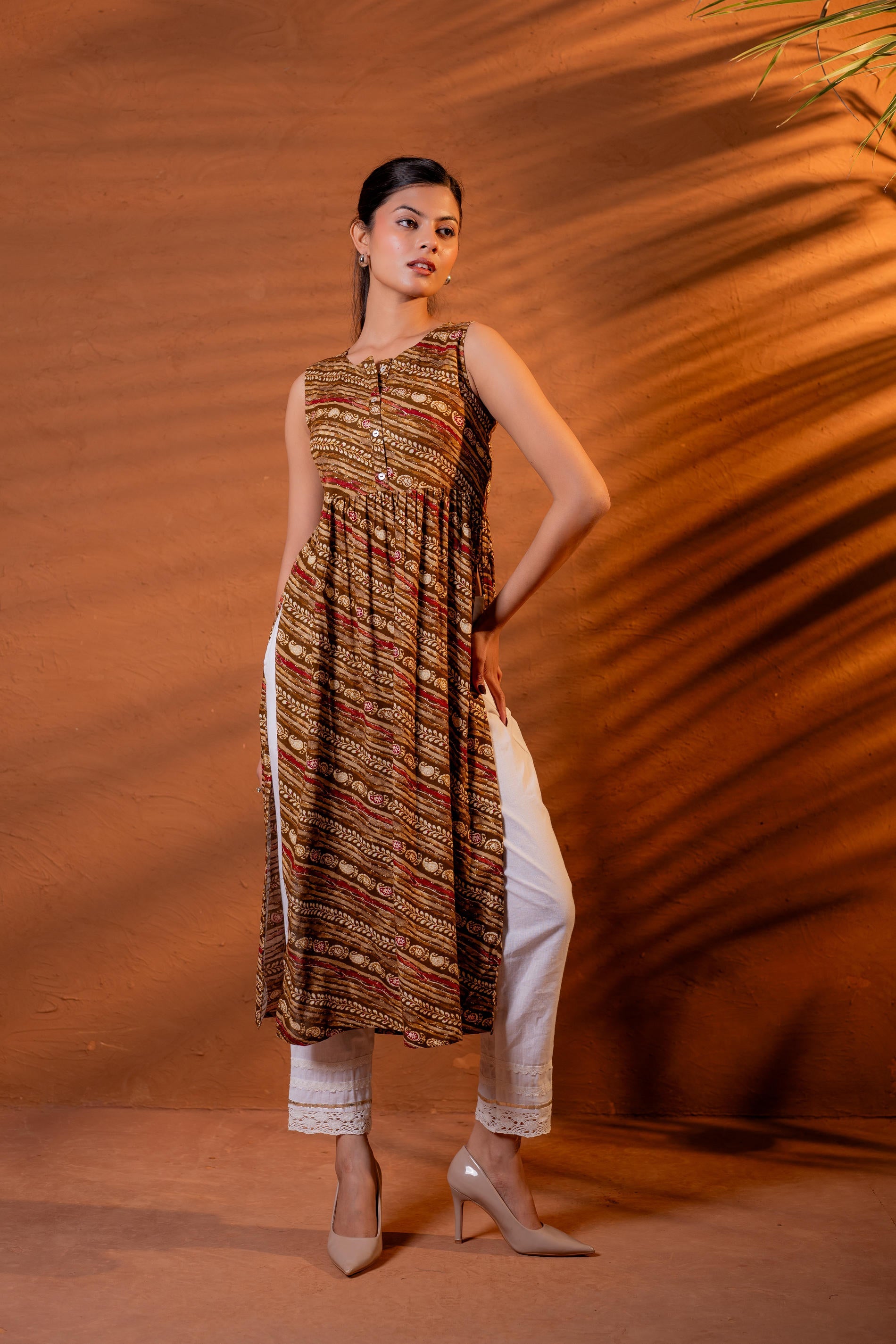 Rust Tribal Wave Printed Sleeveless Flared Kurta