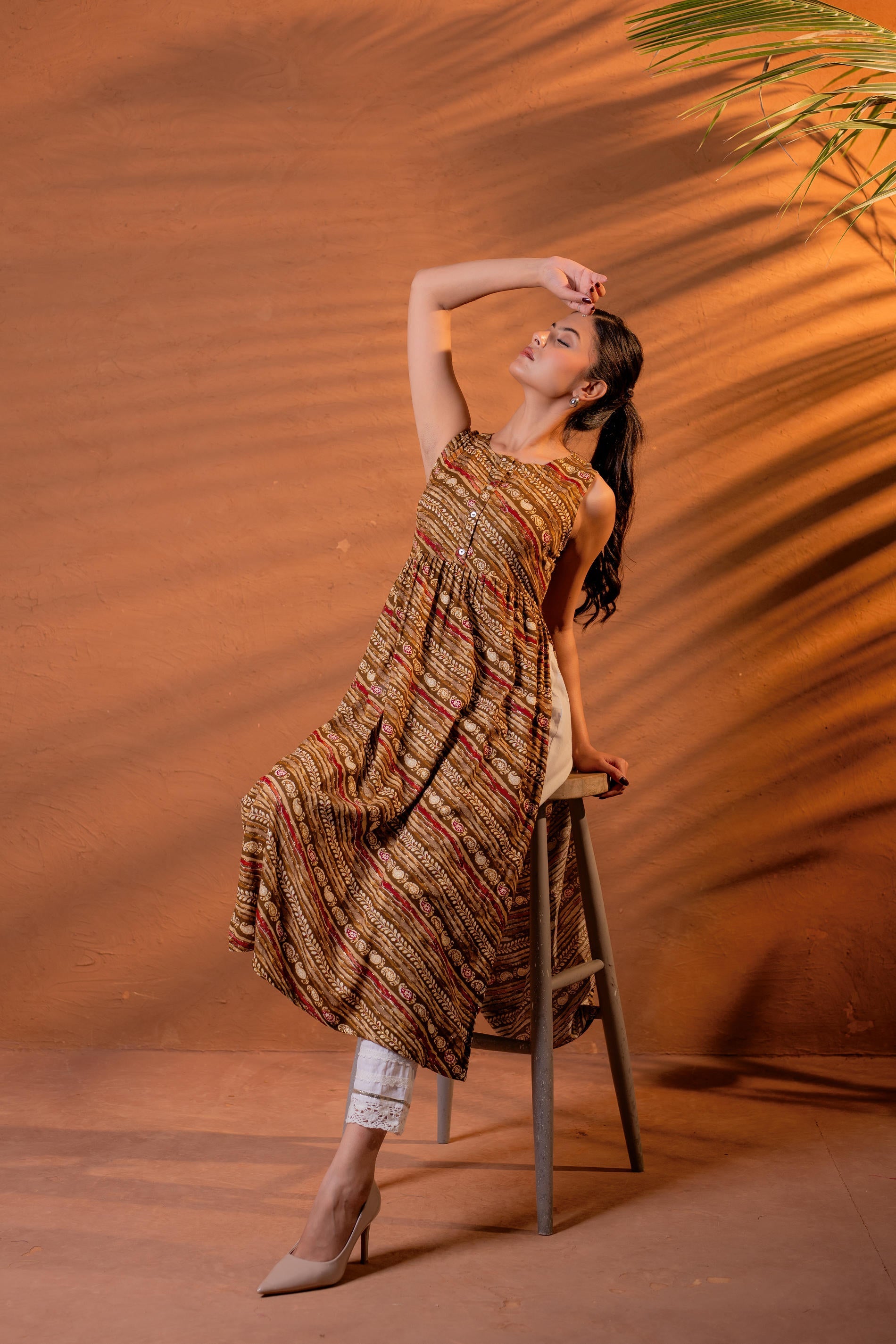 Rust Tribal Wave Printed Sleeveless Flared Kurta