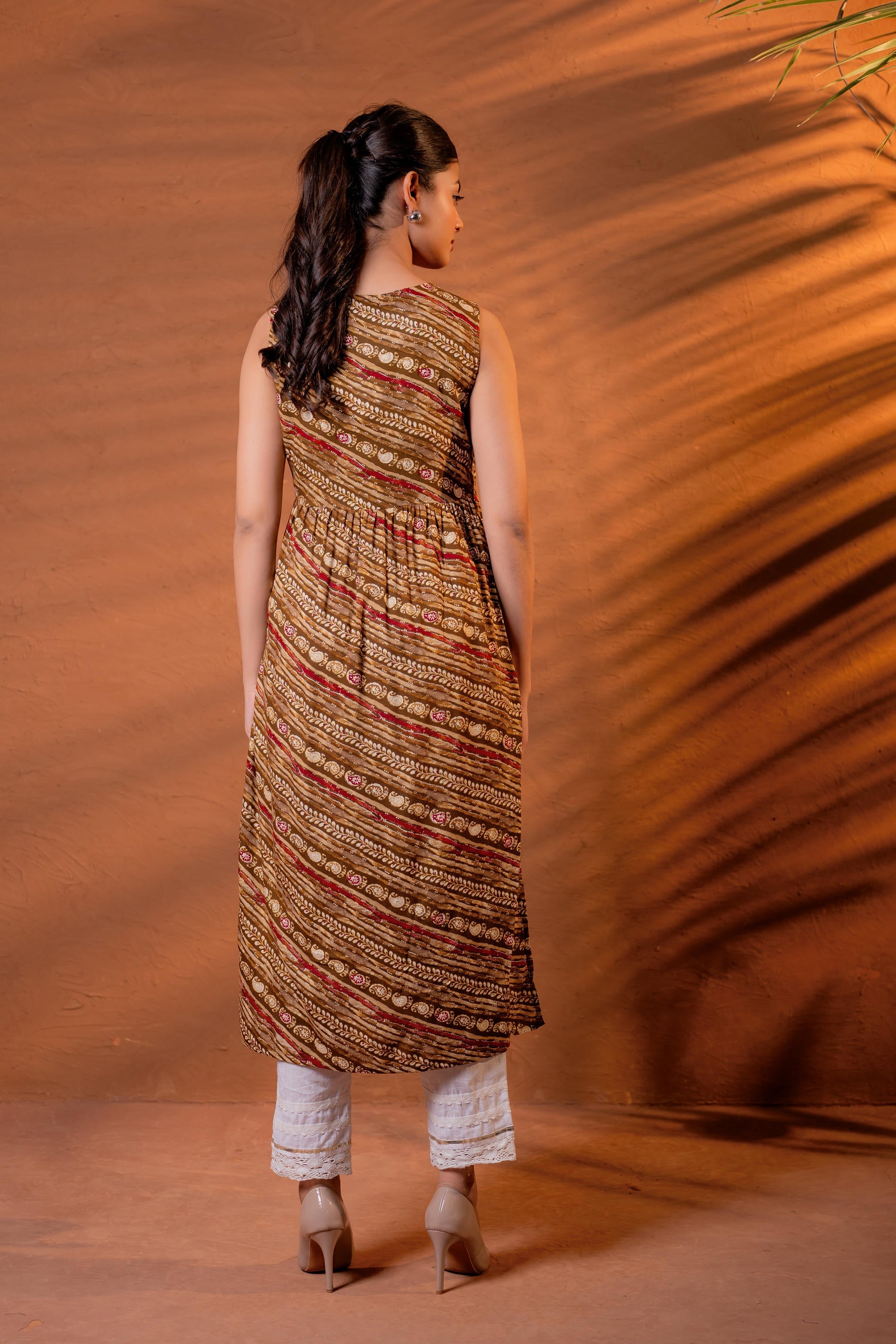 Rust Tribal Wave Printed Sleeveless Flared Kurta