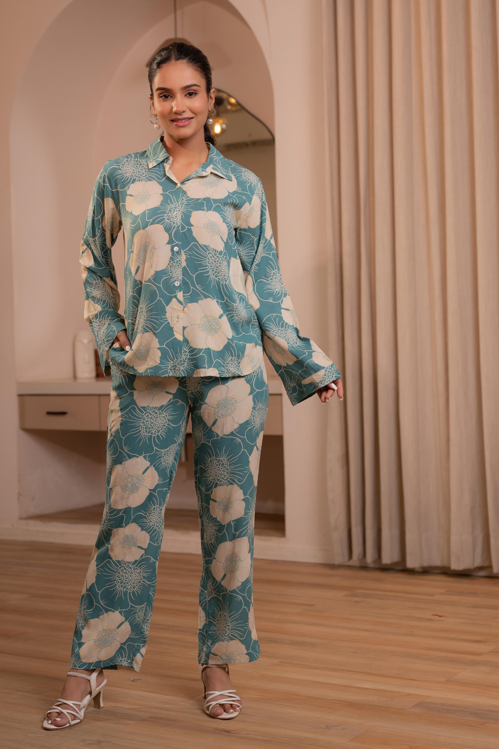 Women's Mint Floral Printed Co-ord Set with Button Details