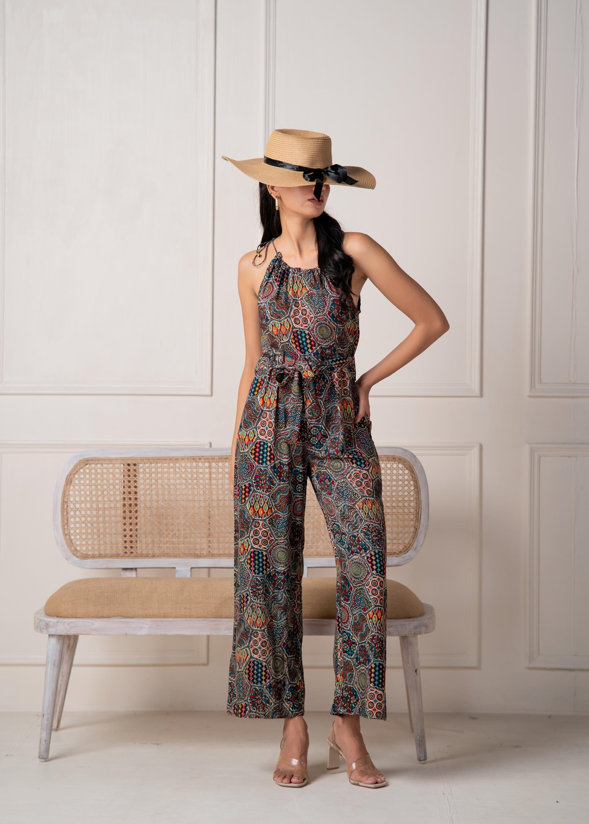 Navy Printed Abstract Viscose Jumpsuit with Belt