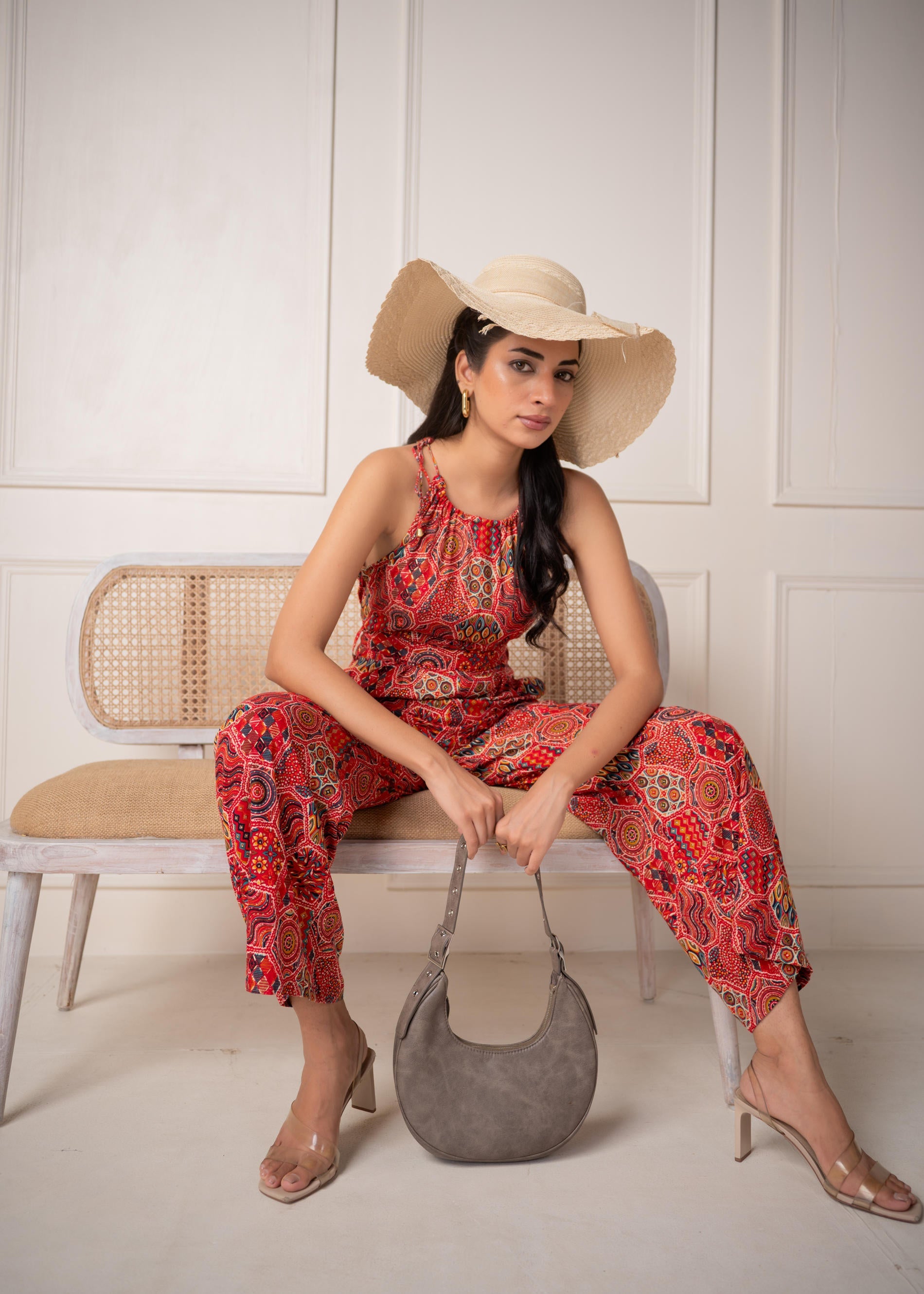 Rust Multi-Motif Bohemian Printed Sleeveless Jumpsuit