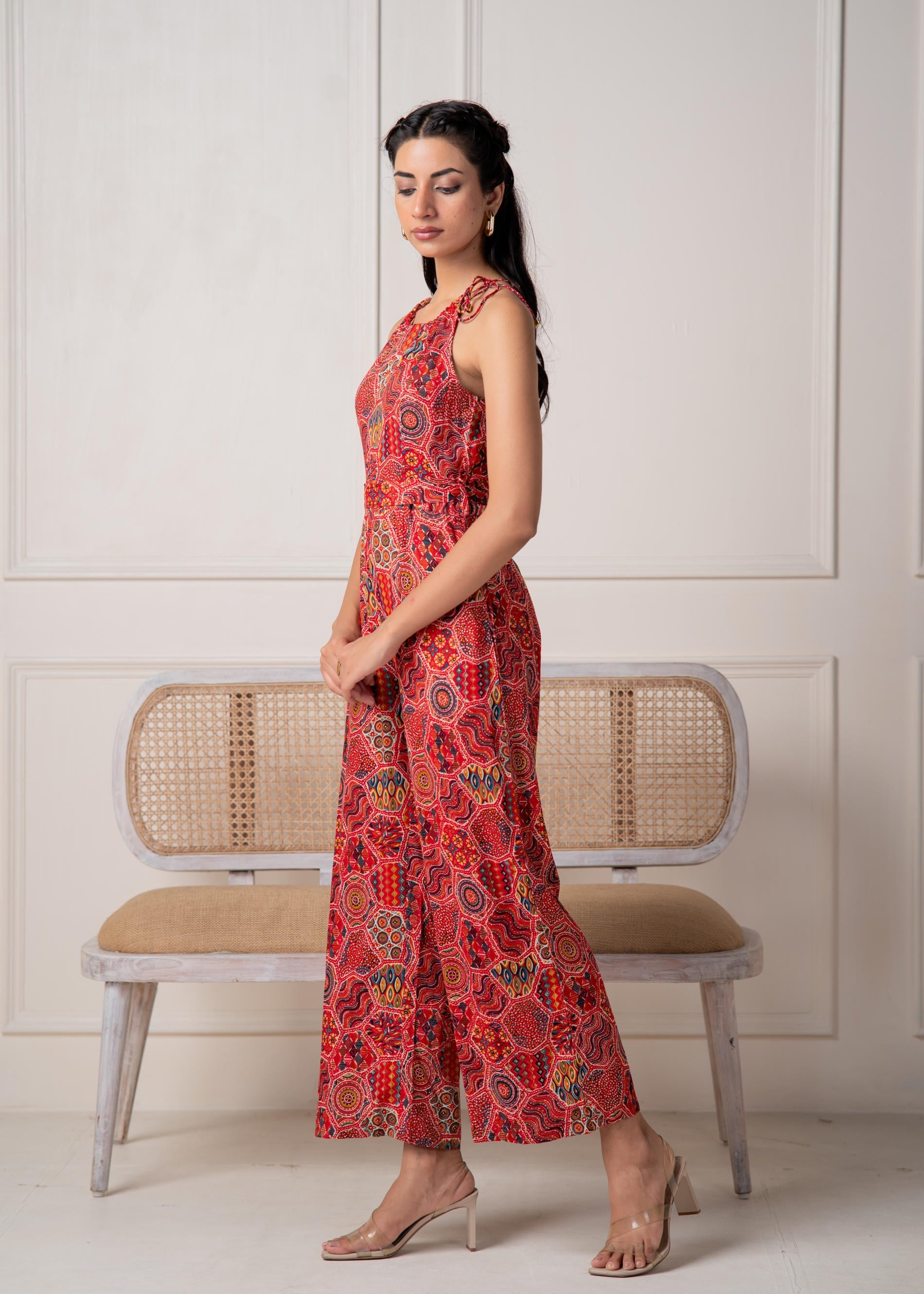 Rust Multi-Motif Bohemian Printed Sleeveless Jumpsuit