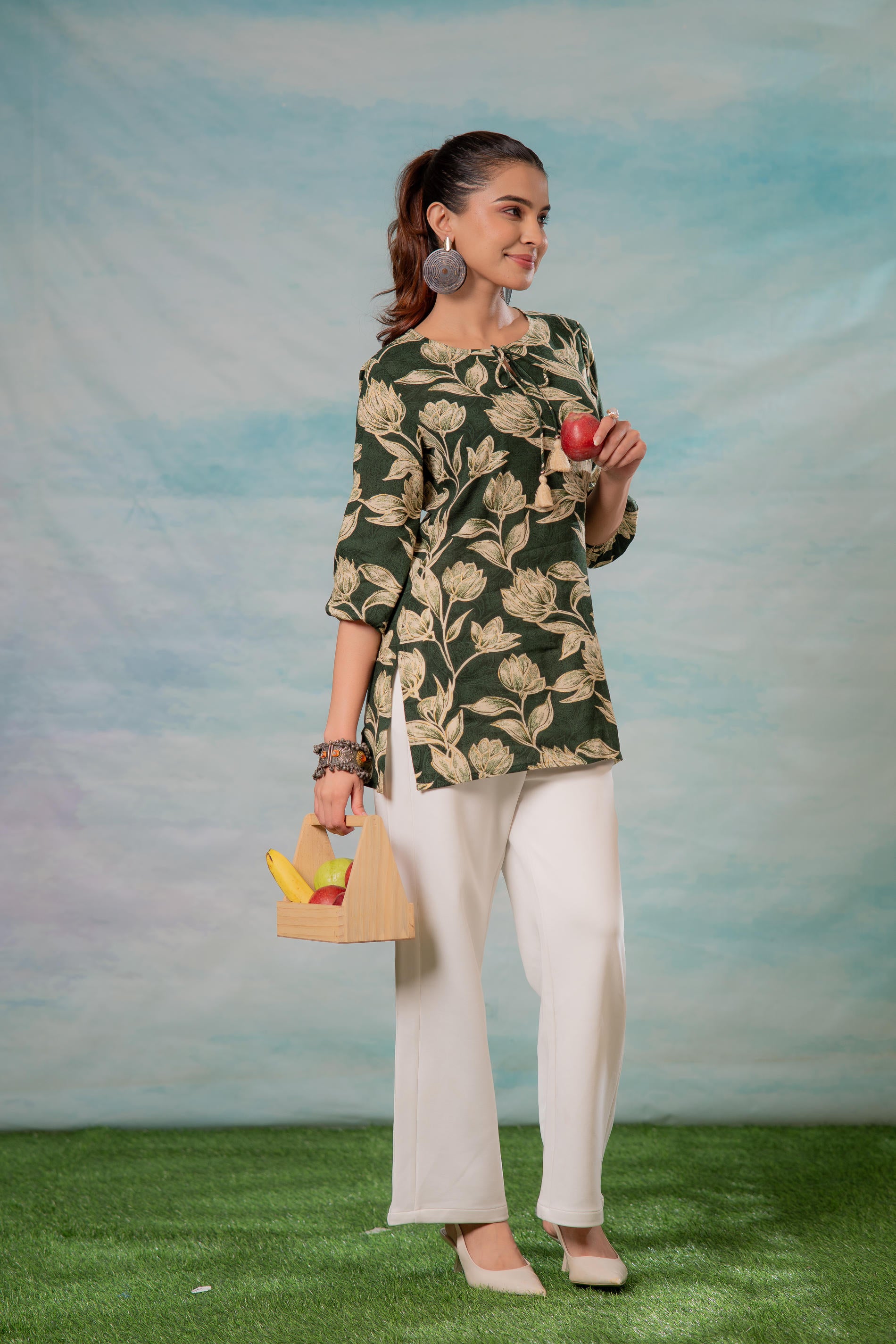 Green Floral Printed Viscose Tunic