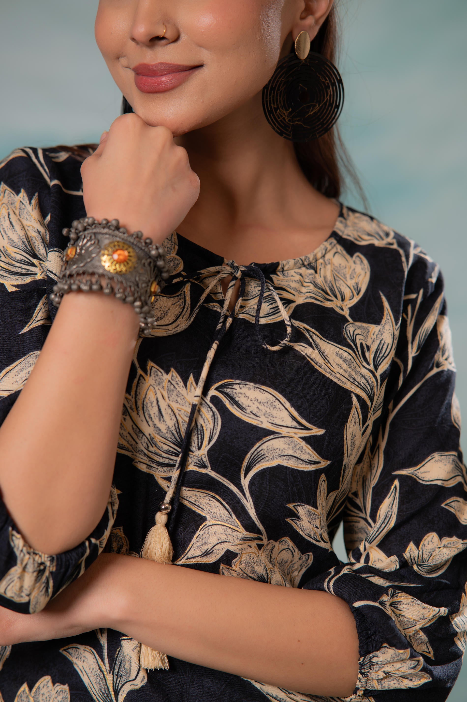 Grey Floral Printed Viscose Tunic