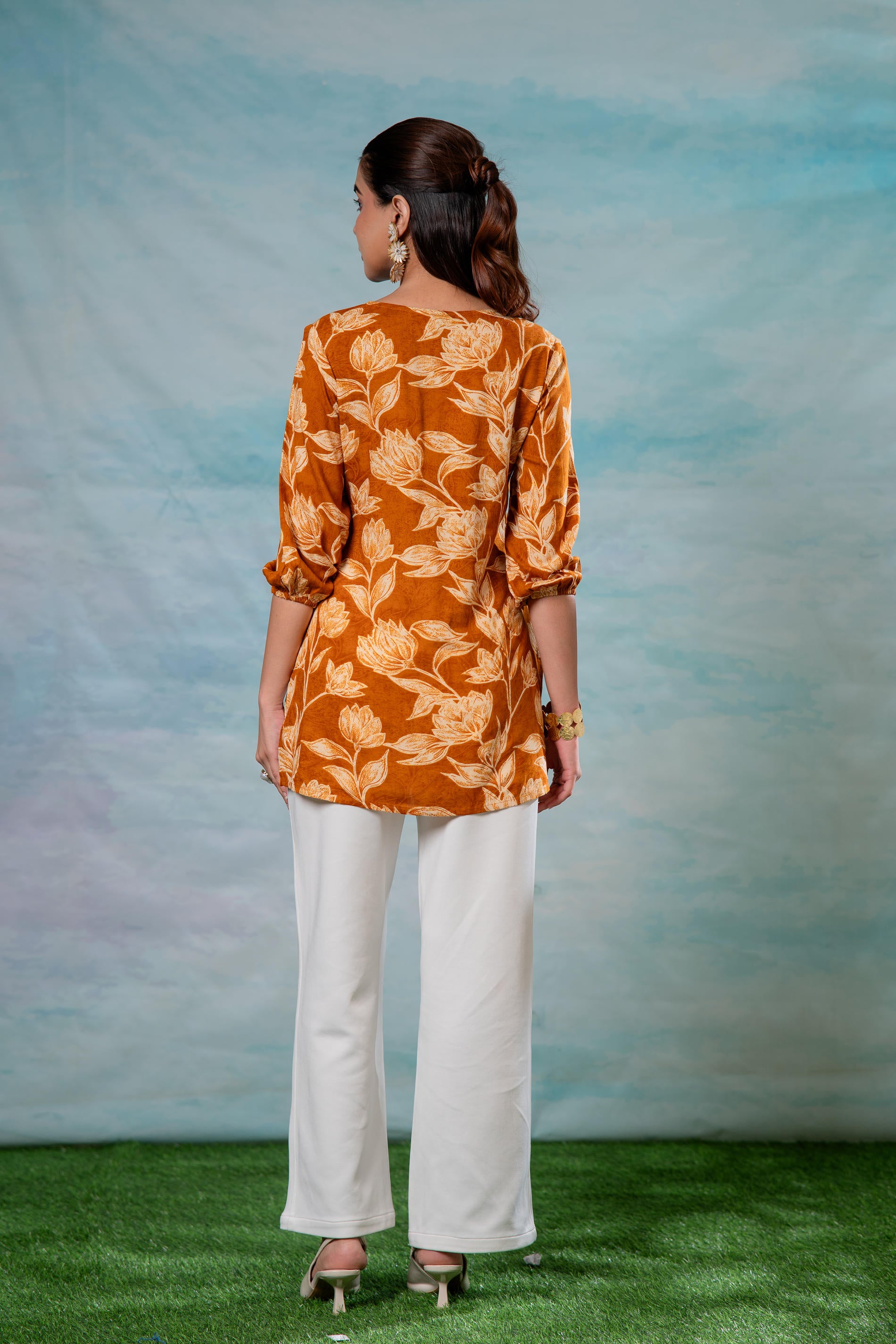 Mustard Floral Printed Viscose Tunic