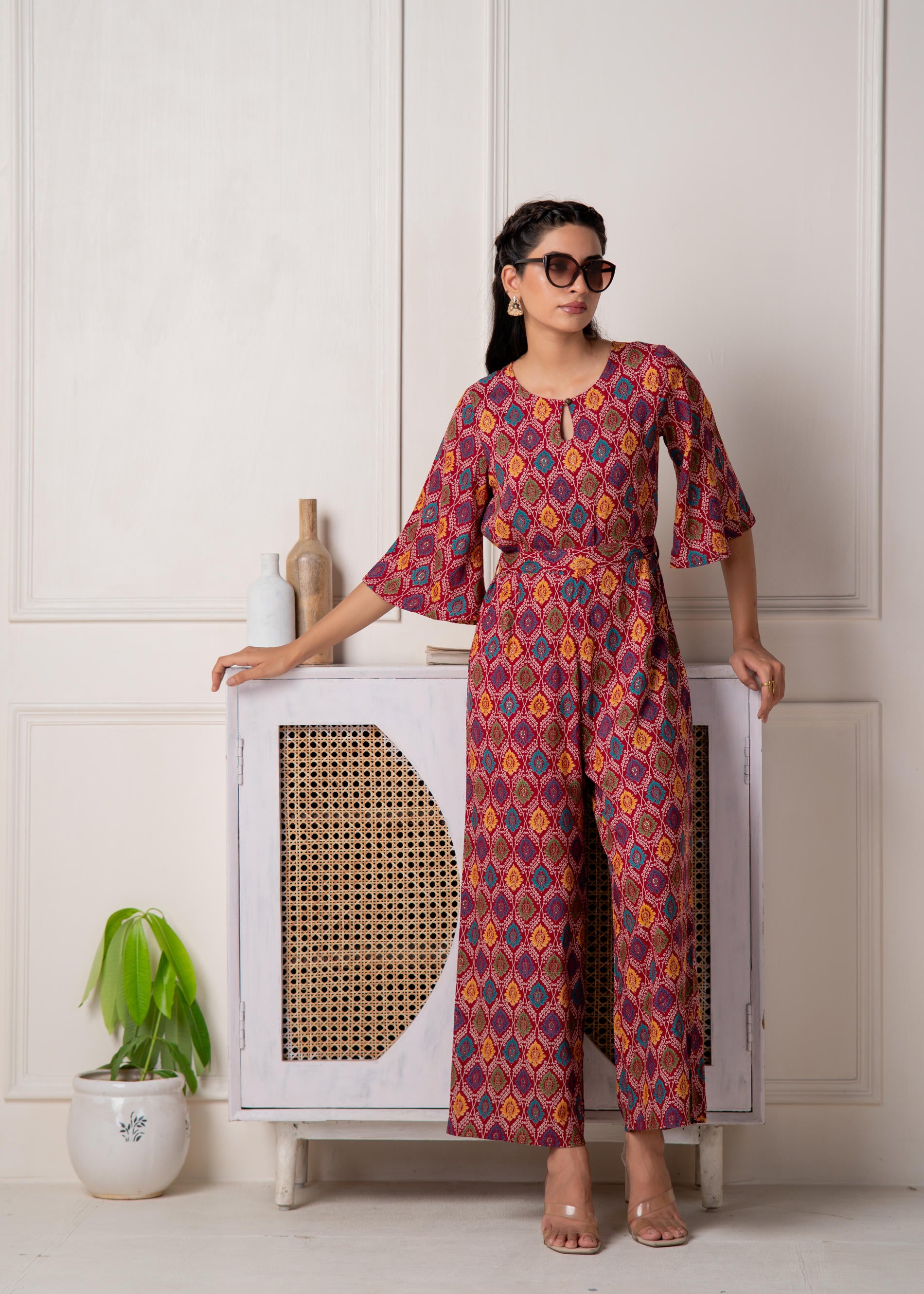 Red Floral Printed Viscose Jumpsuit with Belt