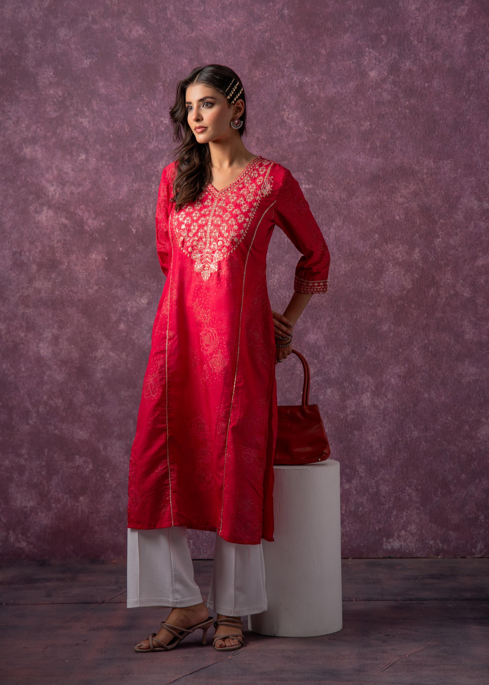 Rust Red Embroidered Straight Kurta