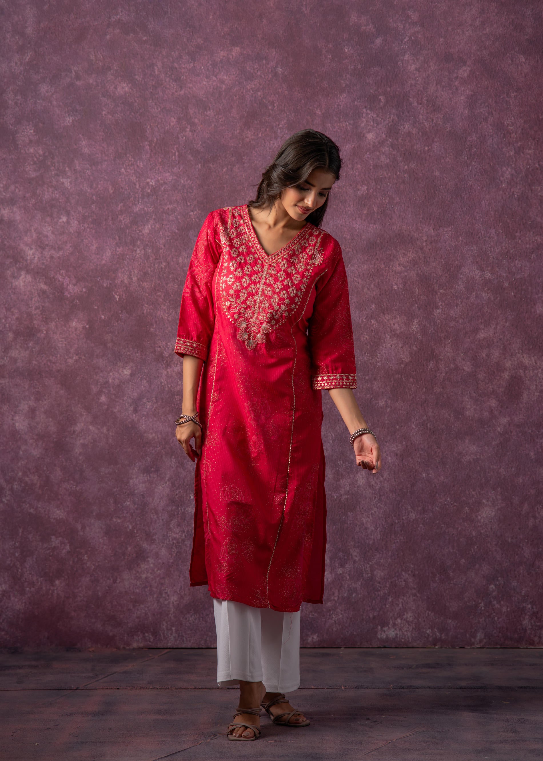 Rust Red Embroidered Straight Kurta
