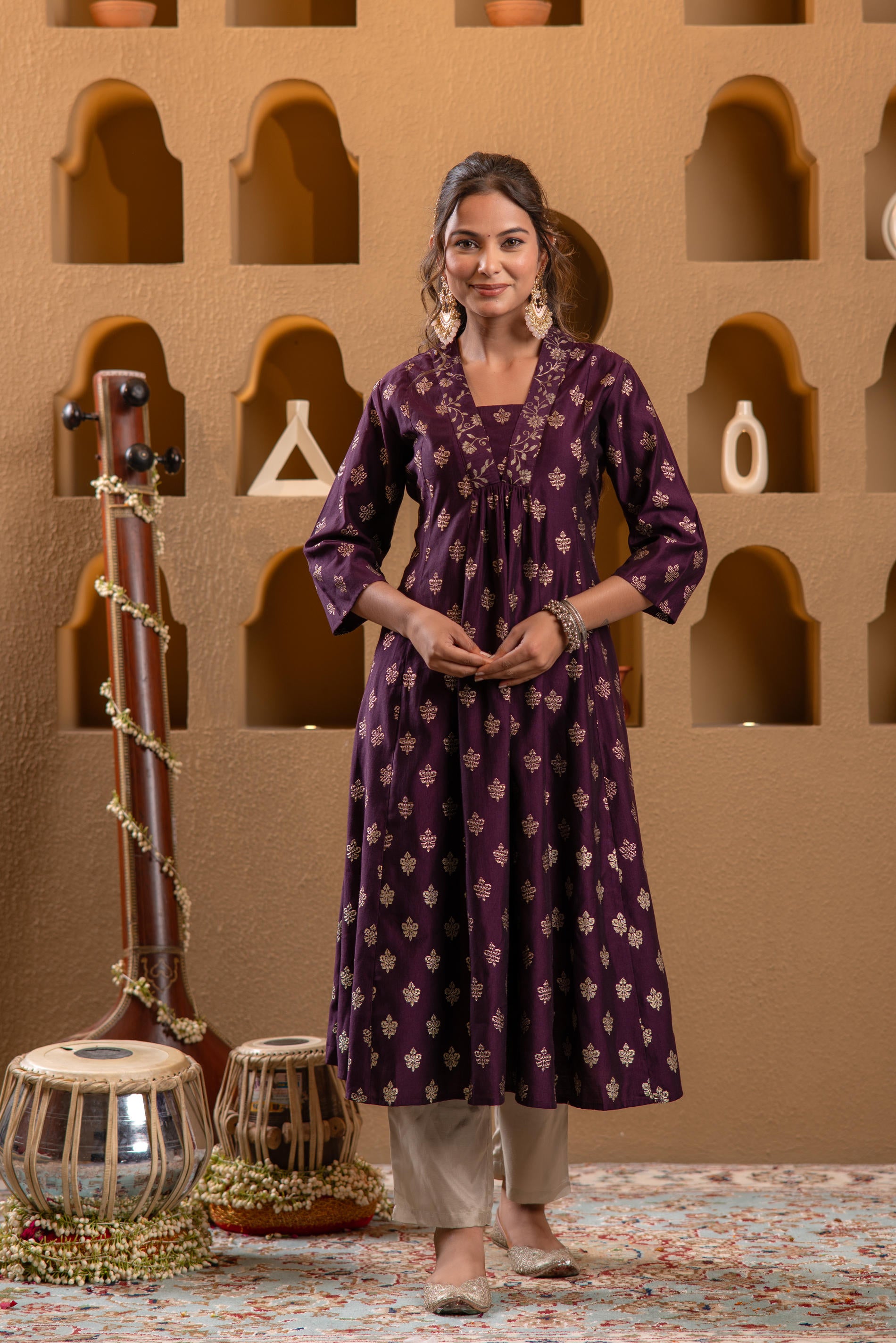 Purple Gold-Printed Anarkali Kurta