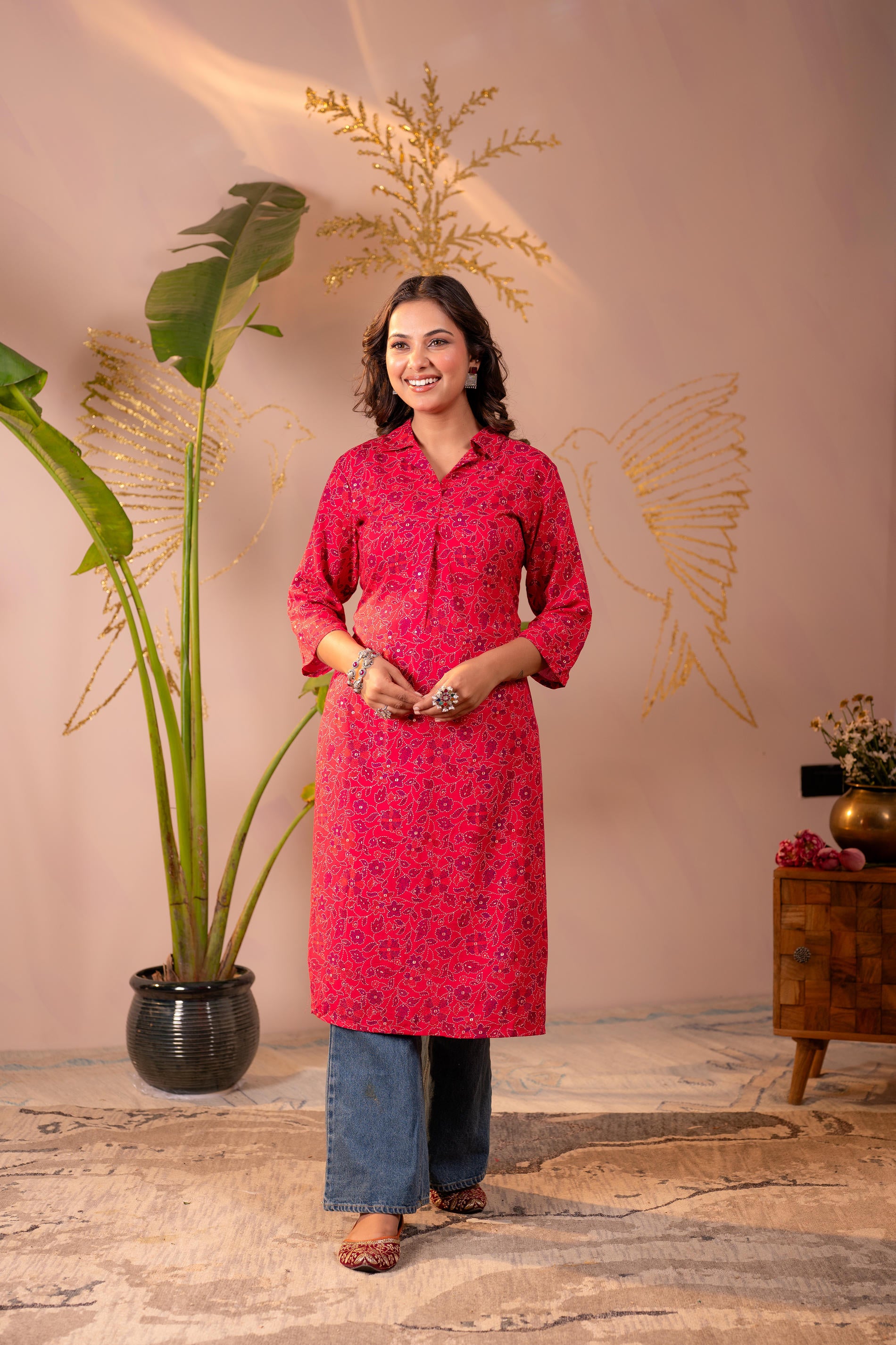 Fuchsia Floral Printed Straight Kurta