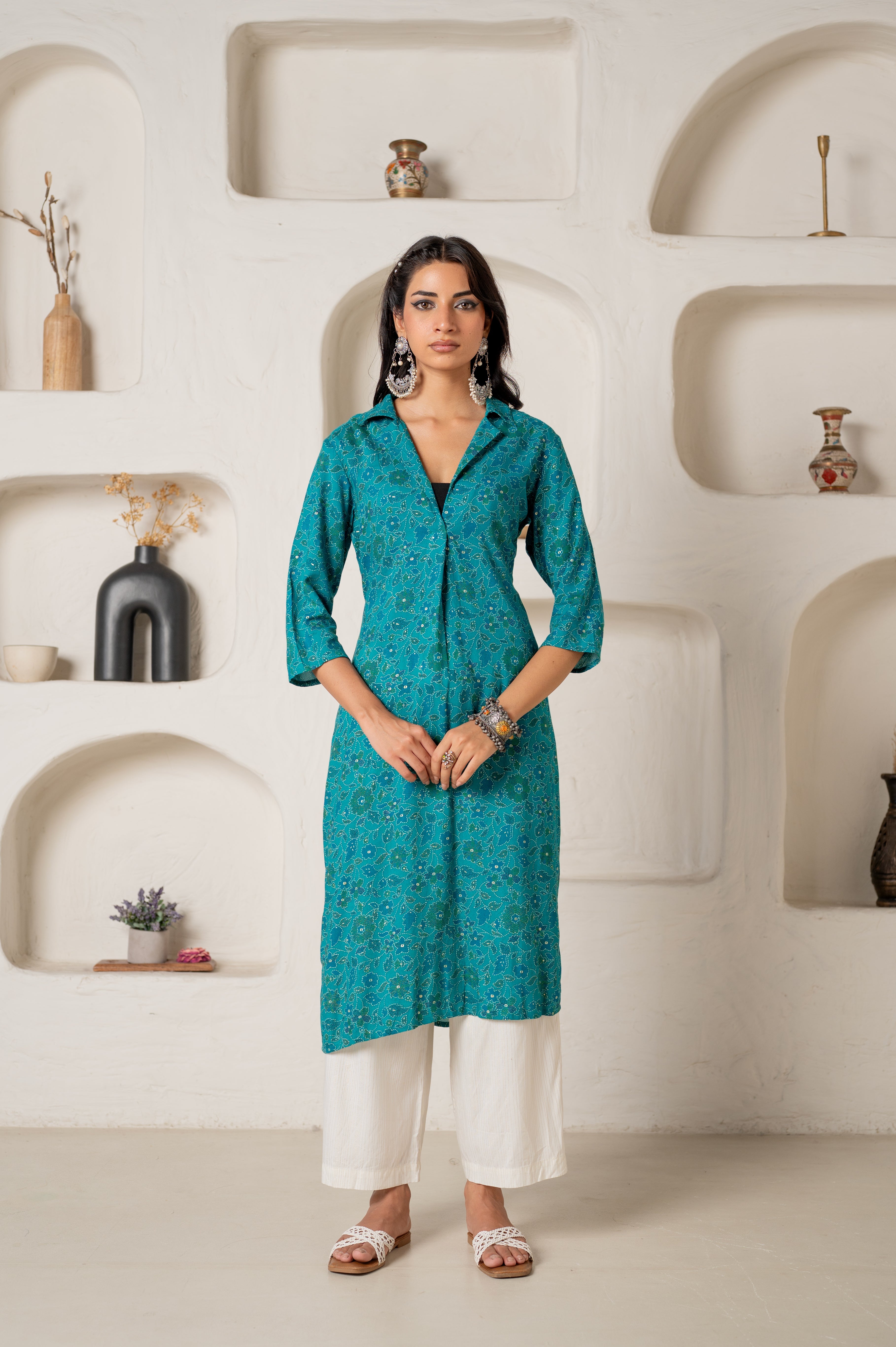 Teal Printed Collar-Neck Straight Kurta with Minimal Detailing