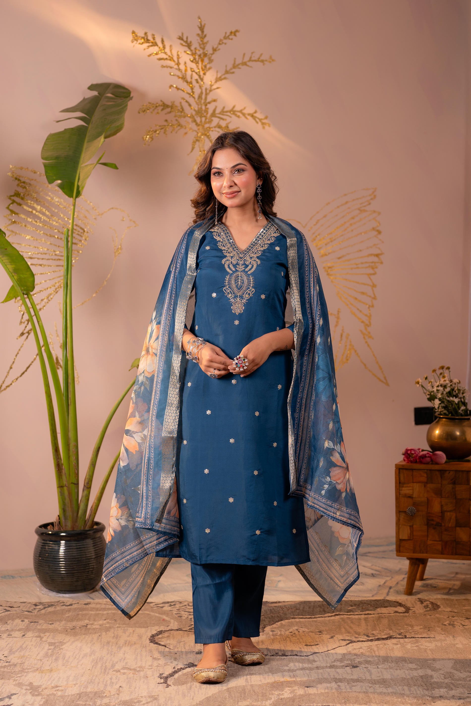 Teal Embroidered Suit Set with Printed Floral Dupatta