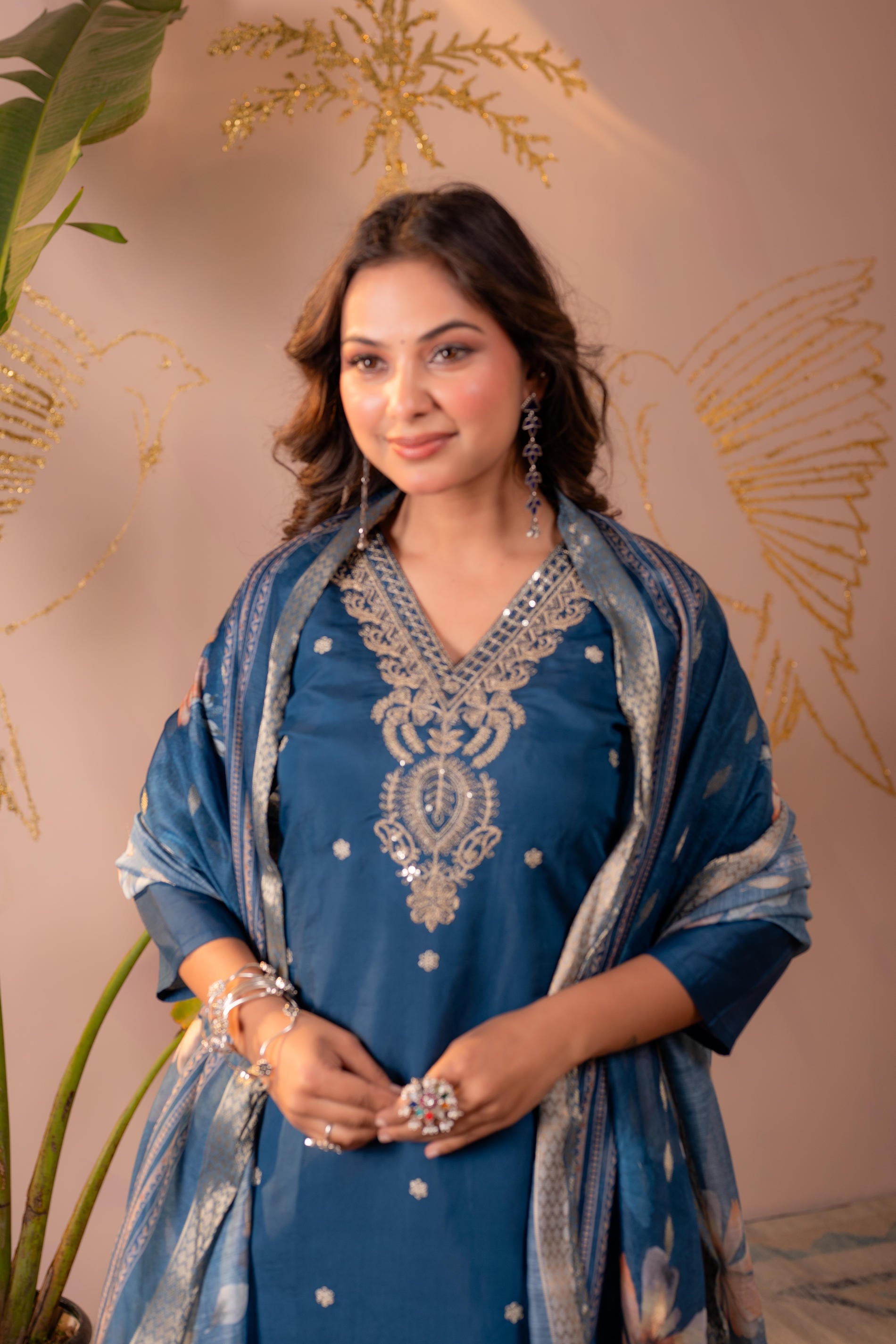 Teal Embroidered Suit Set with Printed Floral Dupatta