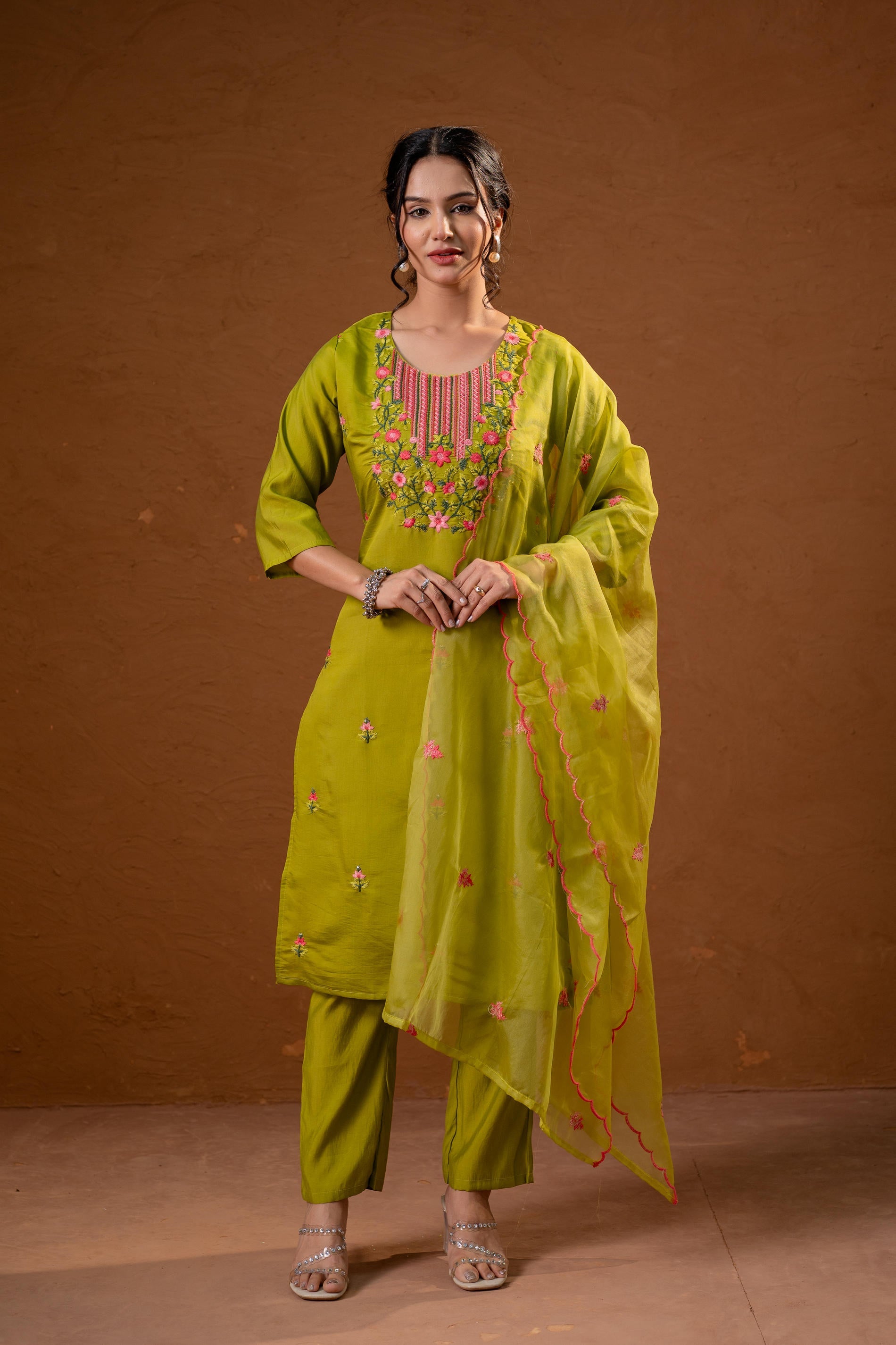 Green, Embroidered Straight Kurta Set with  Dupatta