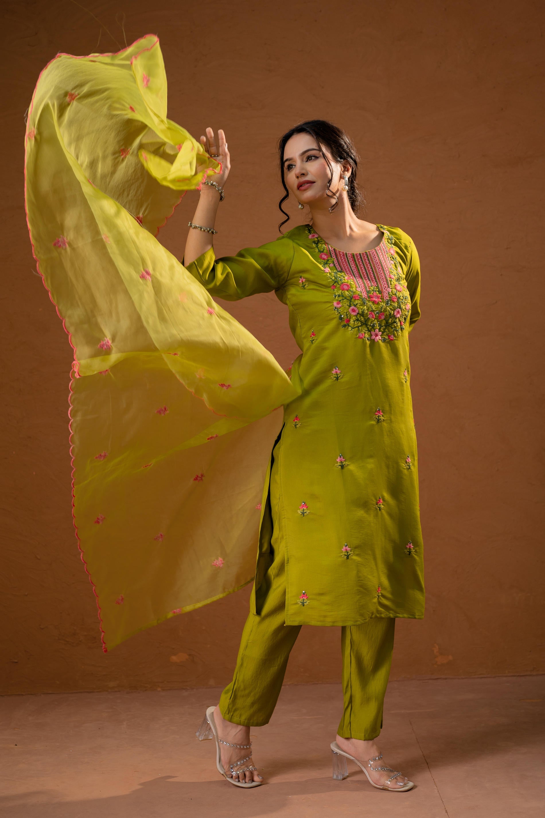 Green, Embroidered Straight Kurta Set with  Dupatta