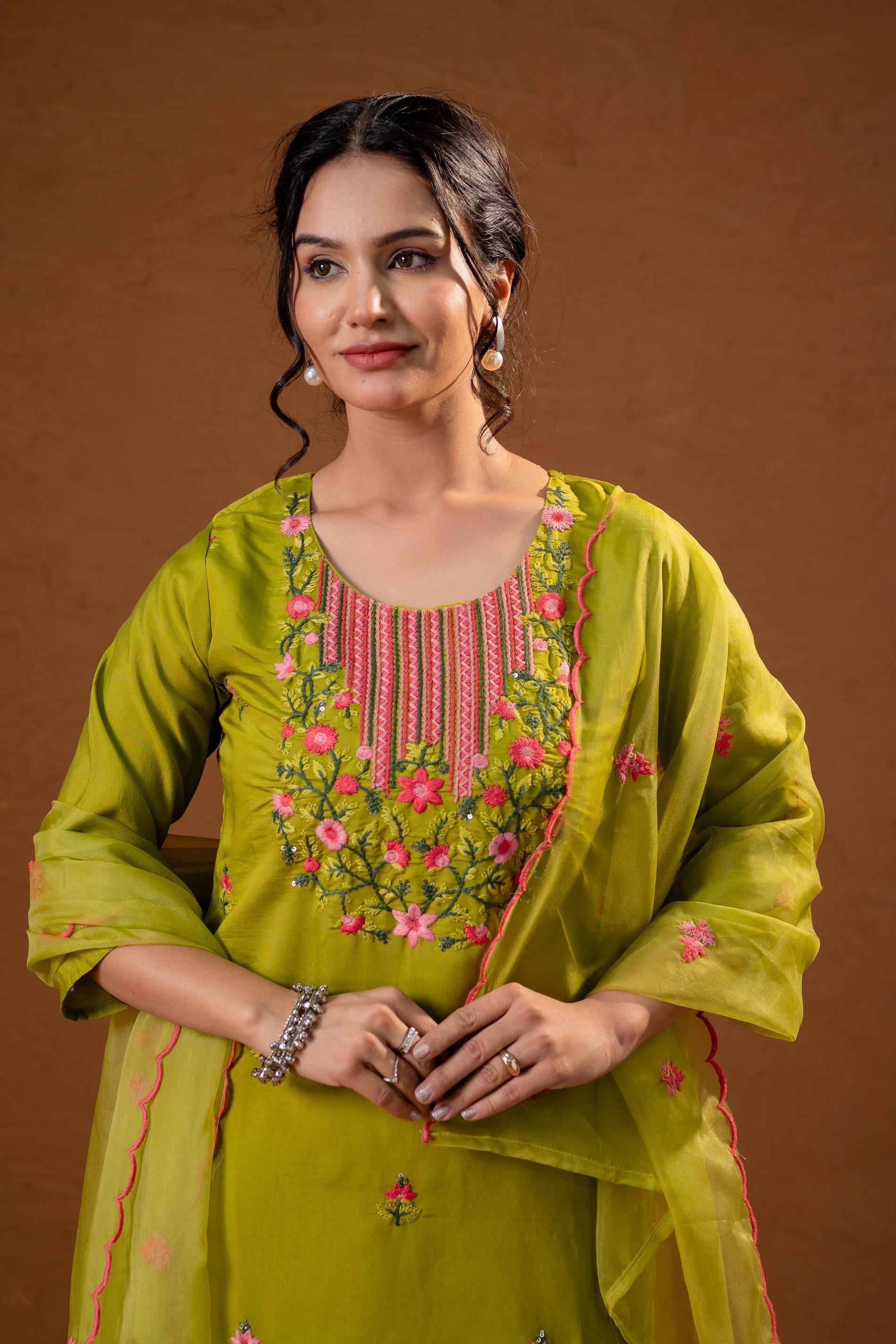 Green, Embroidered Straight Kurta Set with  Dupatta