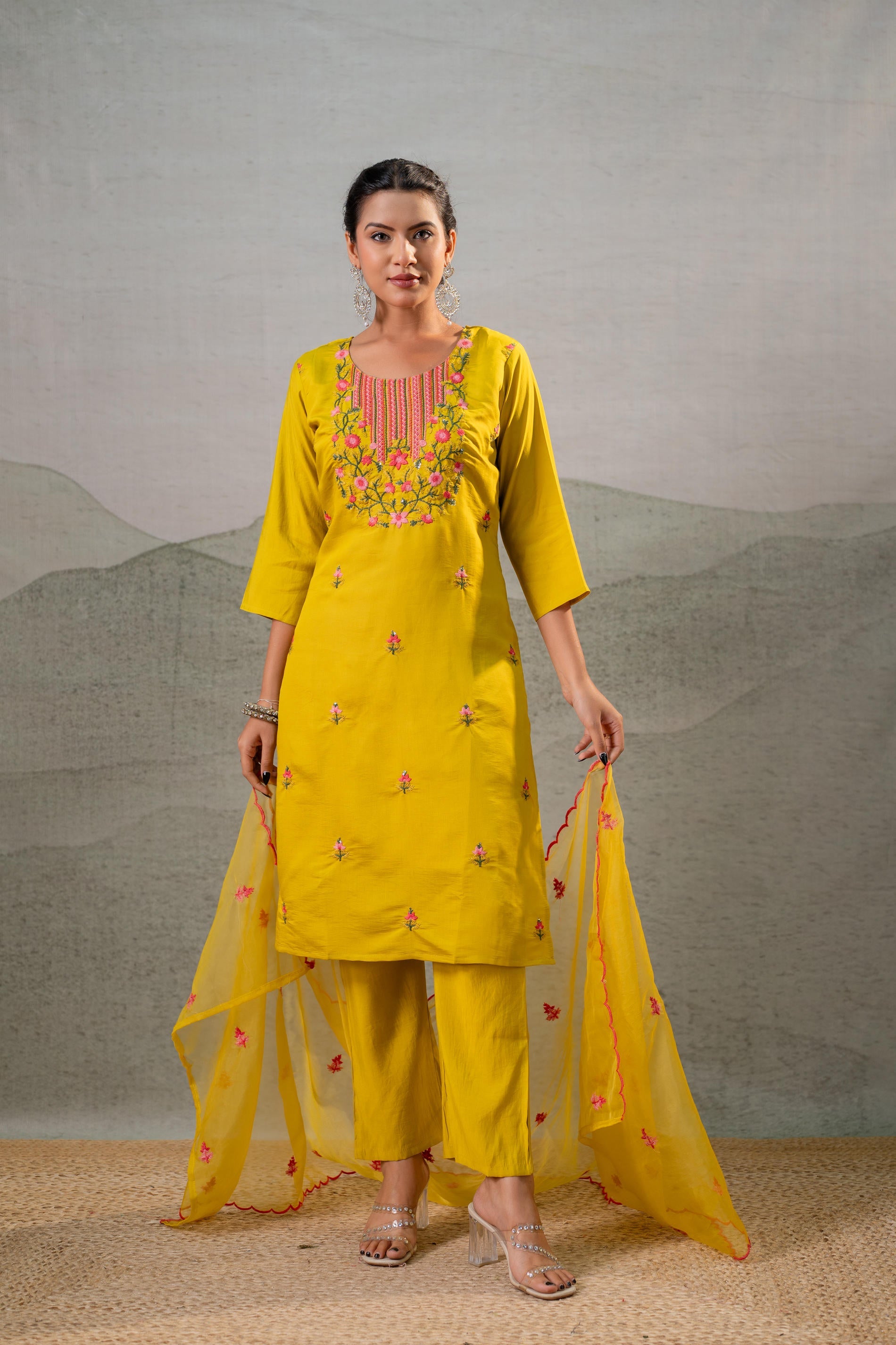 Mustard, Embroidered Straight Kurta Set with  Dupatta