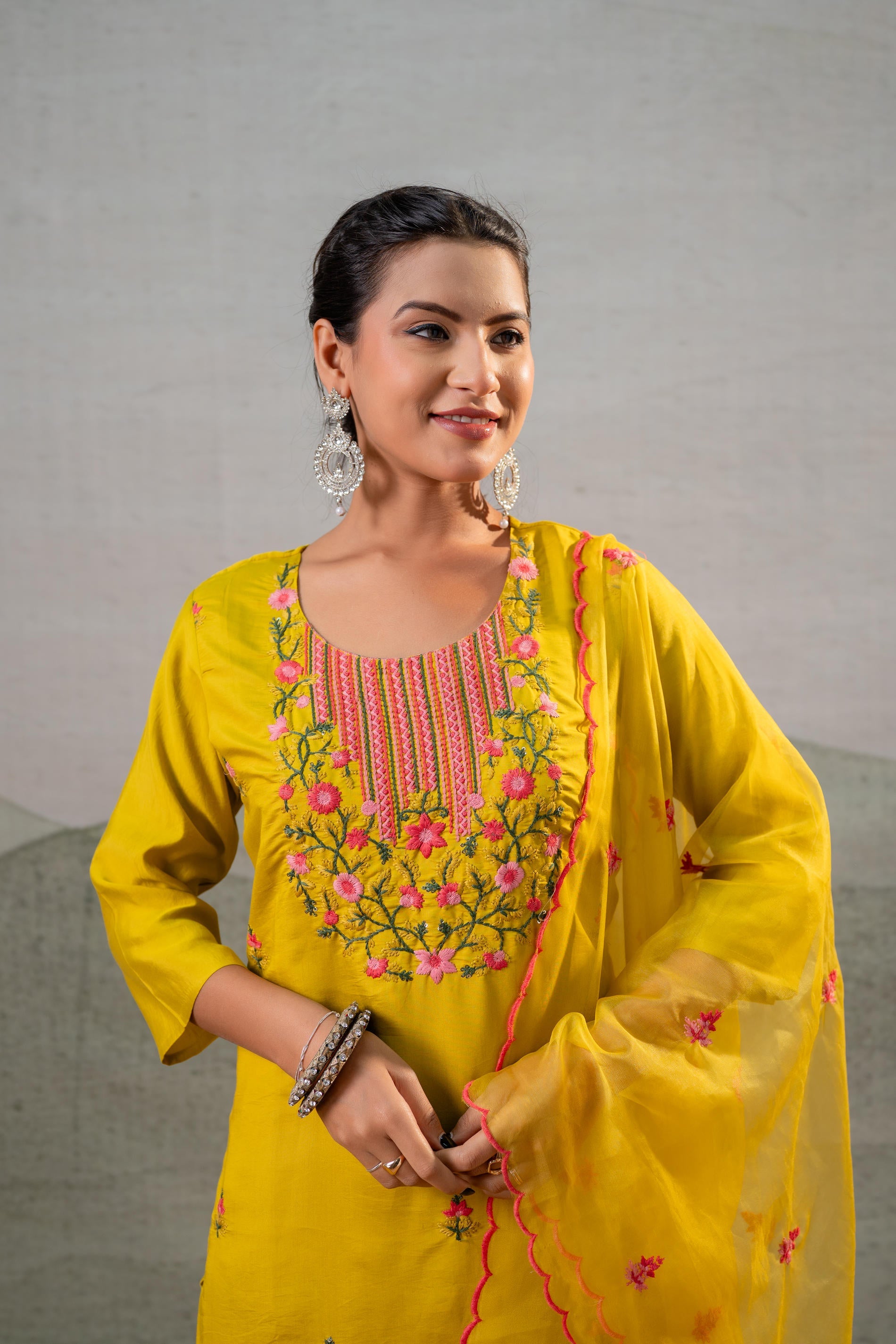 Mustard, Embroidered Straight Kurta Set with  Dupatta