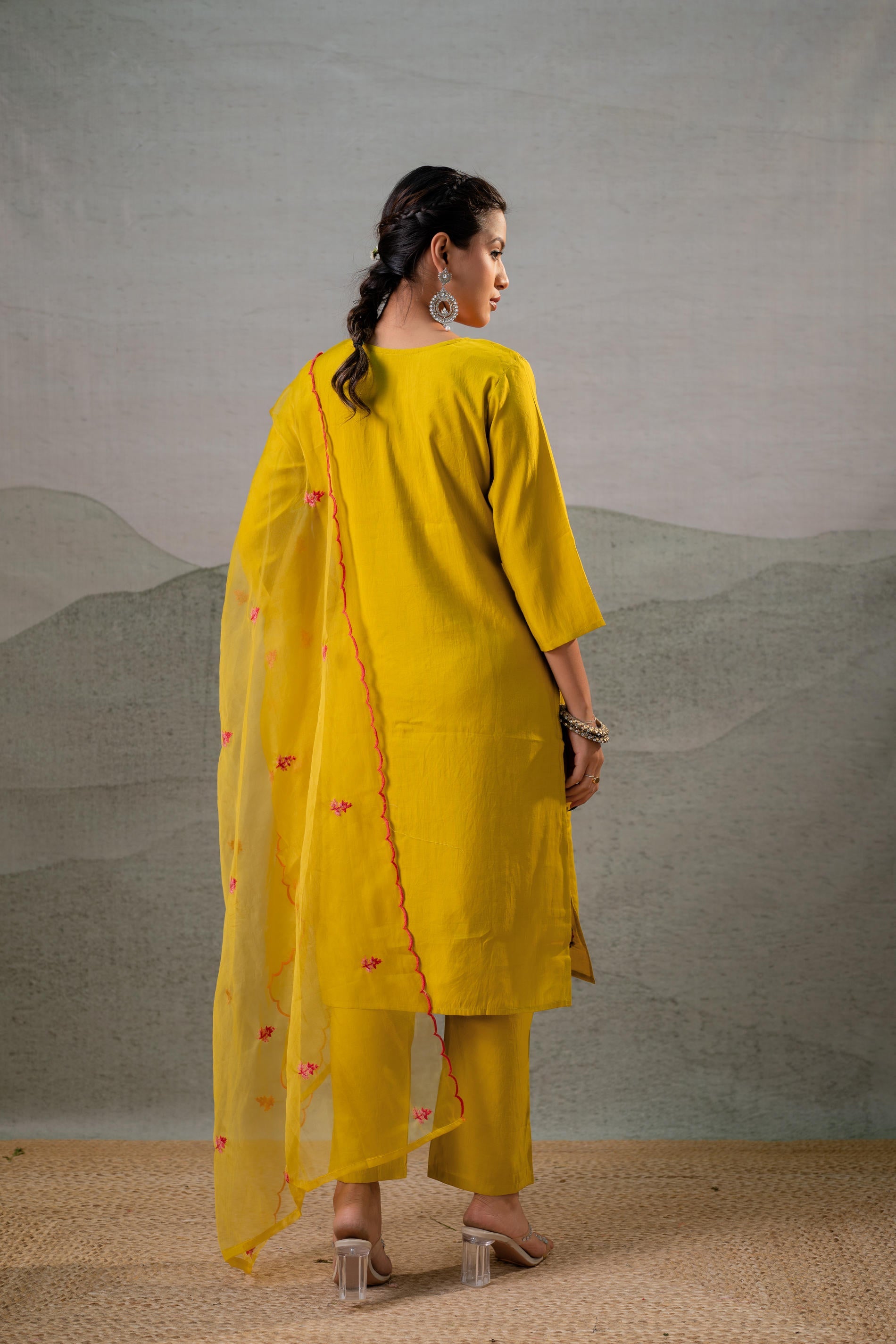 Mustard, Embroidered Straight Kurta Set with  Dupatta