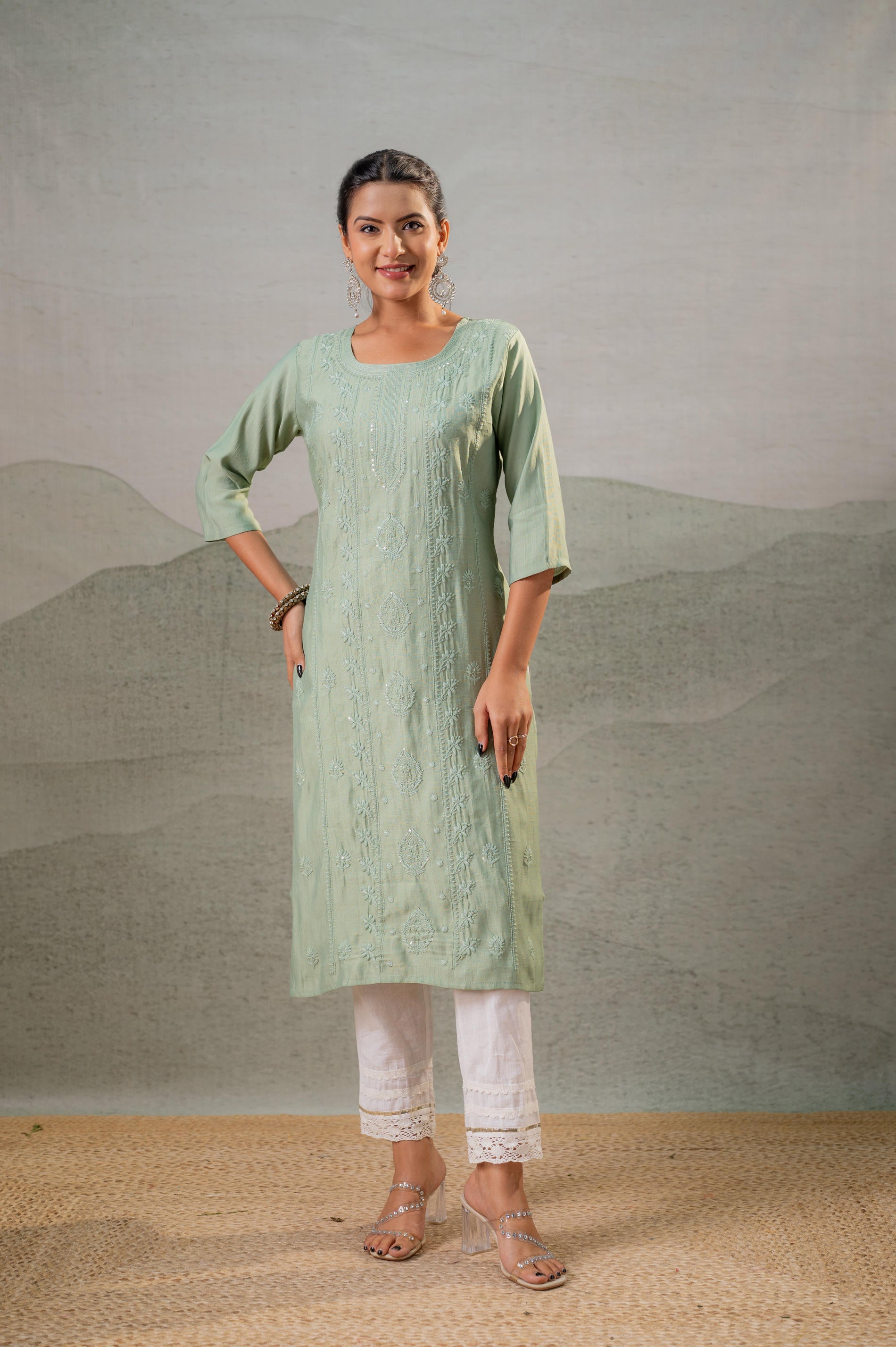 PistaGreen  Embroidered Kurta