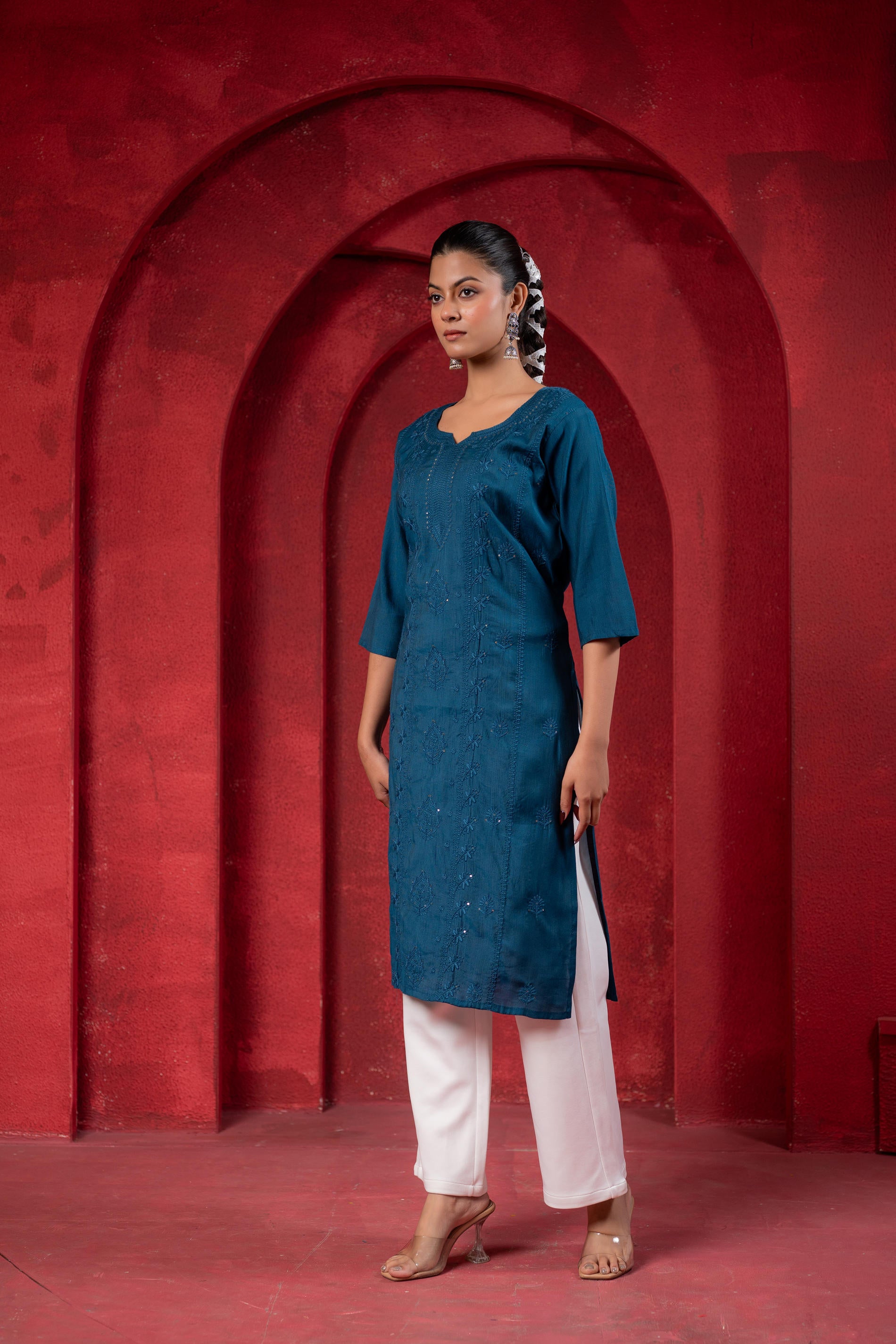 Teal  Embroidered Kurta