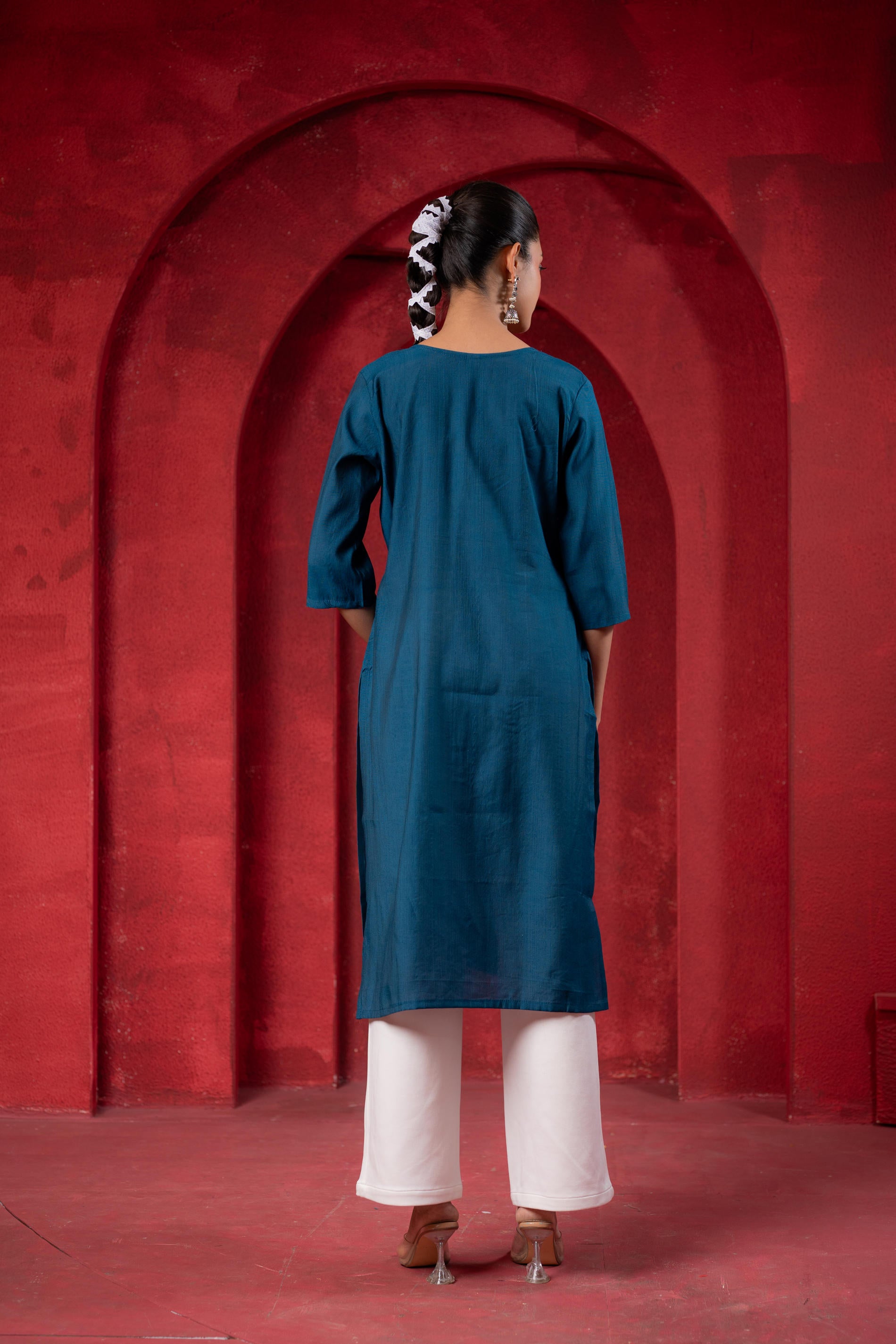 Teal  Embroidered Kurta