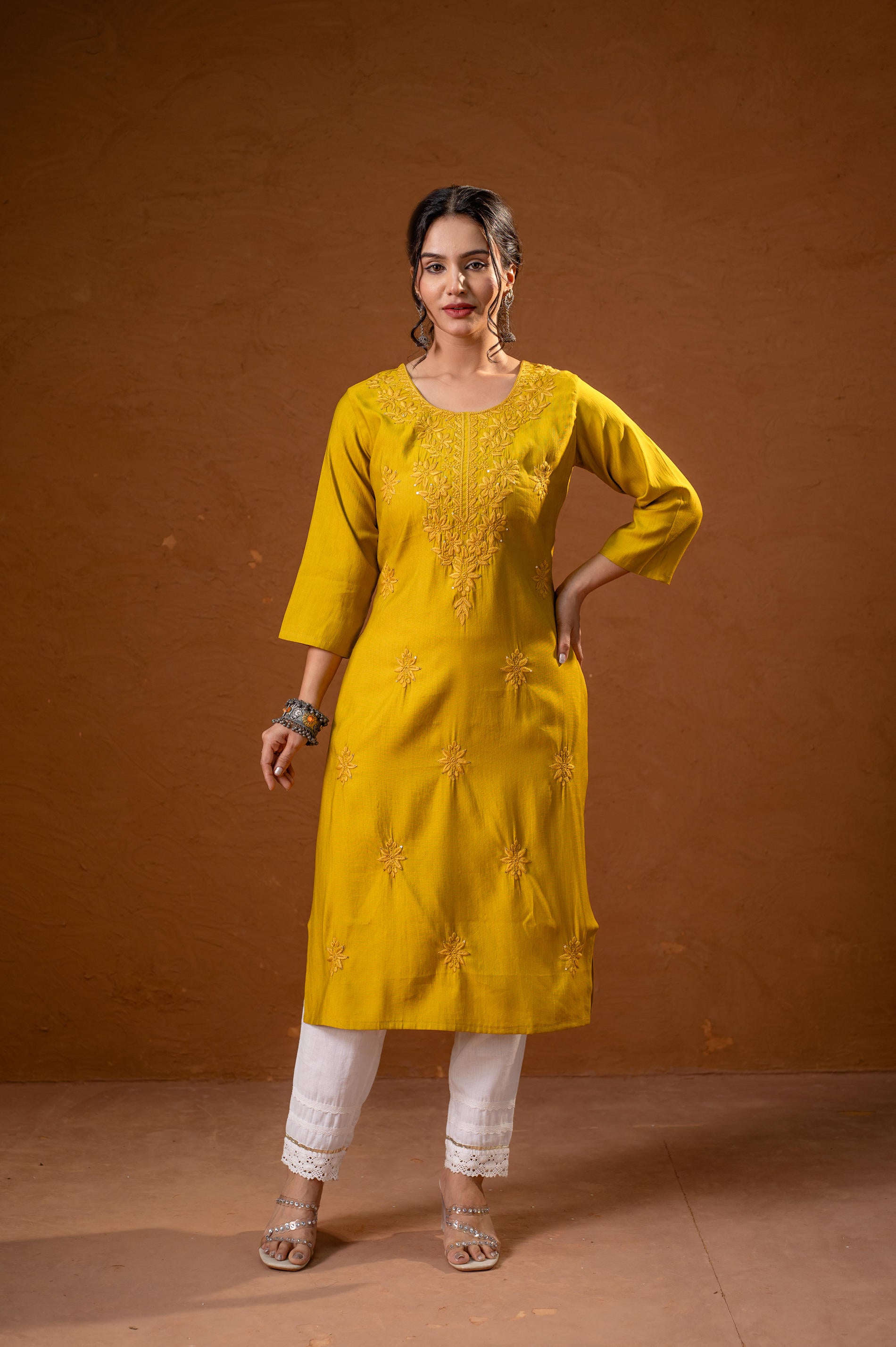 Mustard Tonal Sequin Embellished Straight Kurta Set