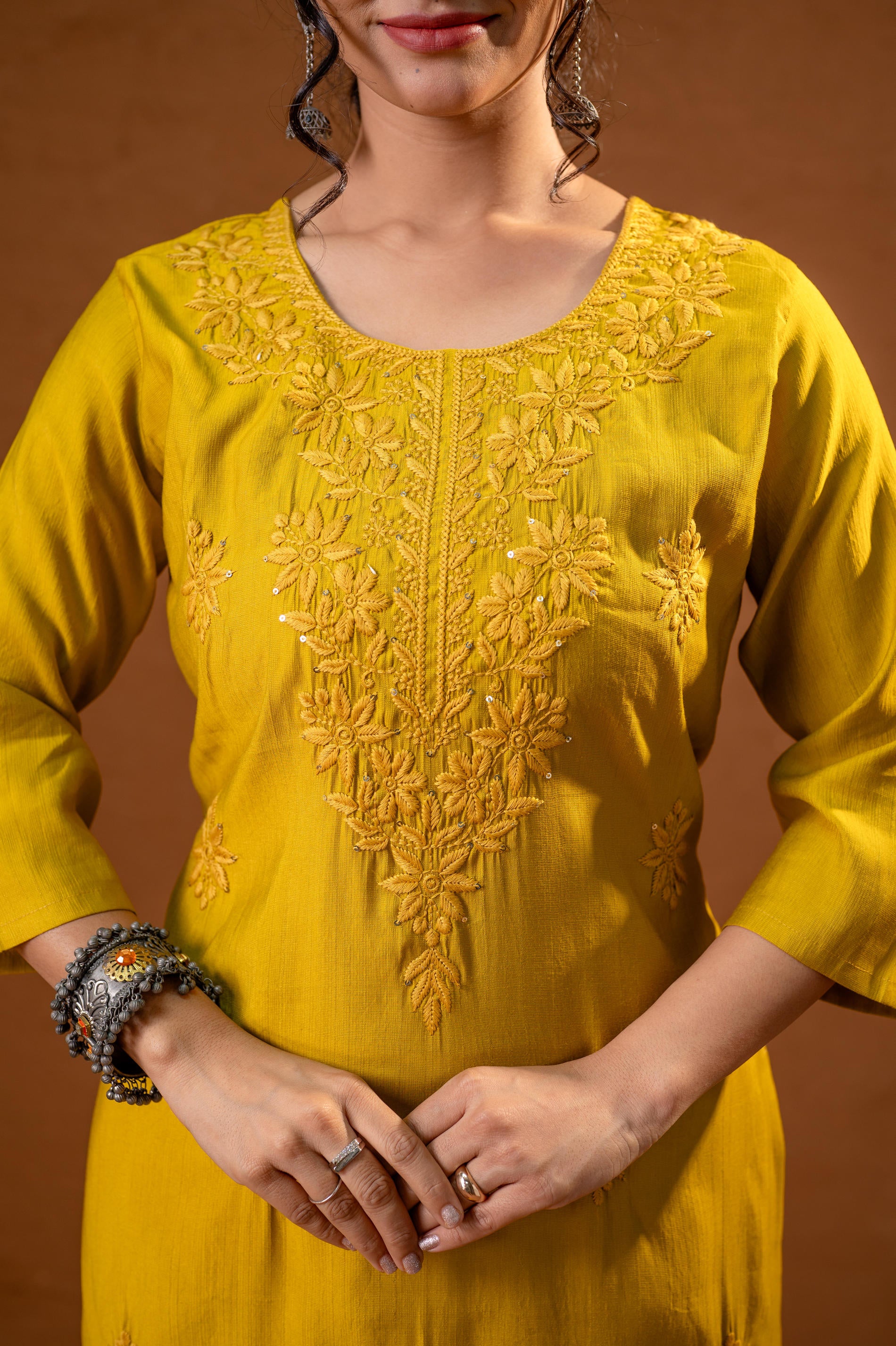 Mustard Tonal Sequin Embellished Straight Kurta Set