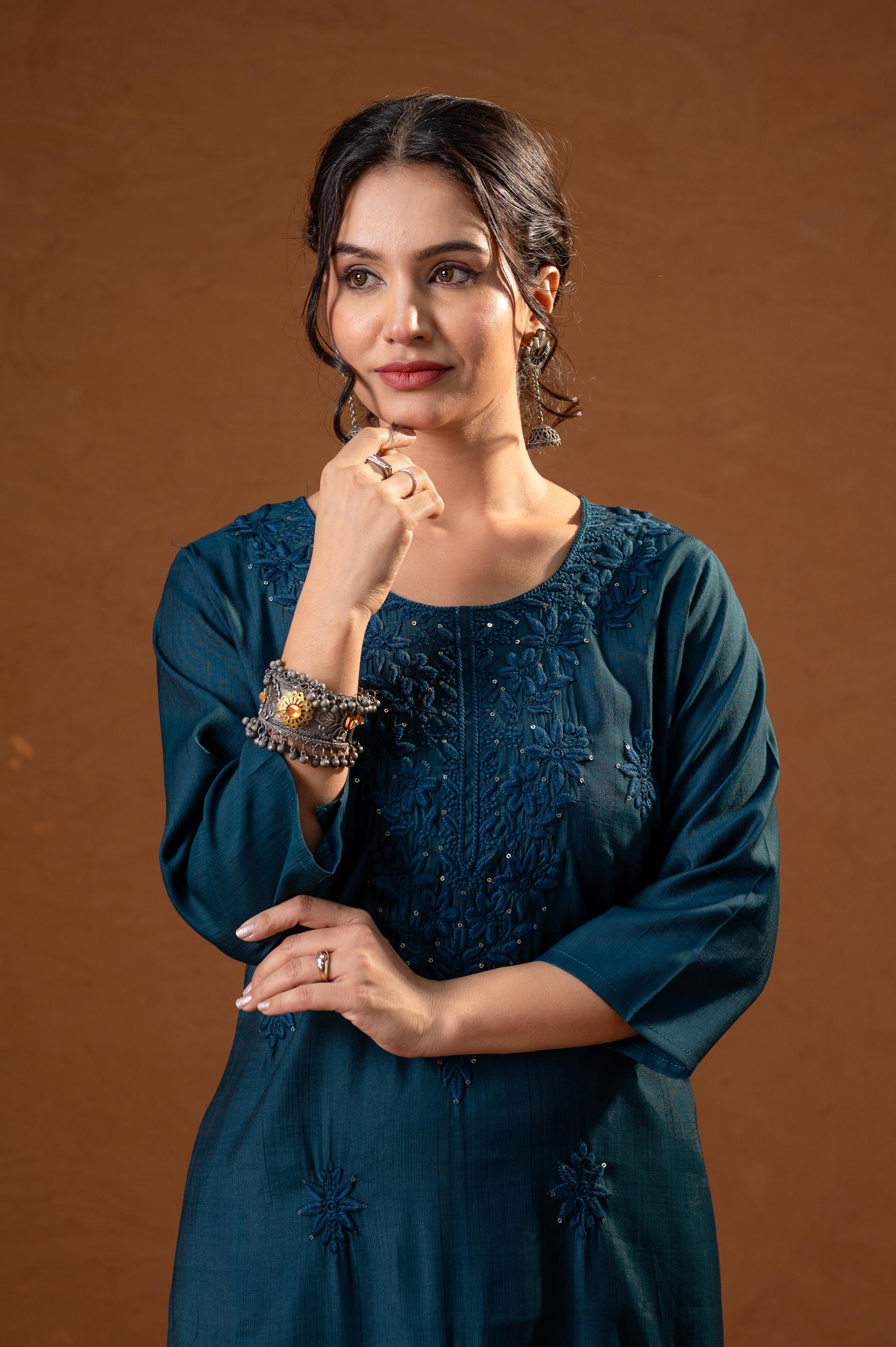 Teal Tonal Sequin Embellished Straight Kurta Set