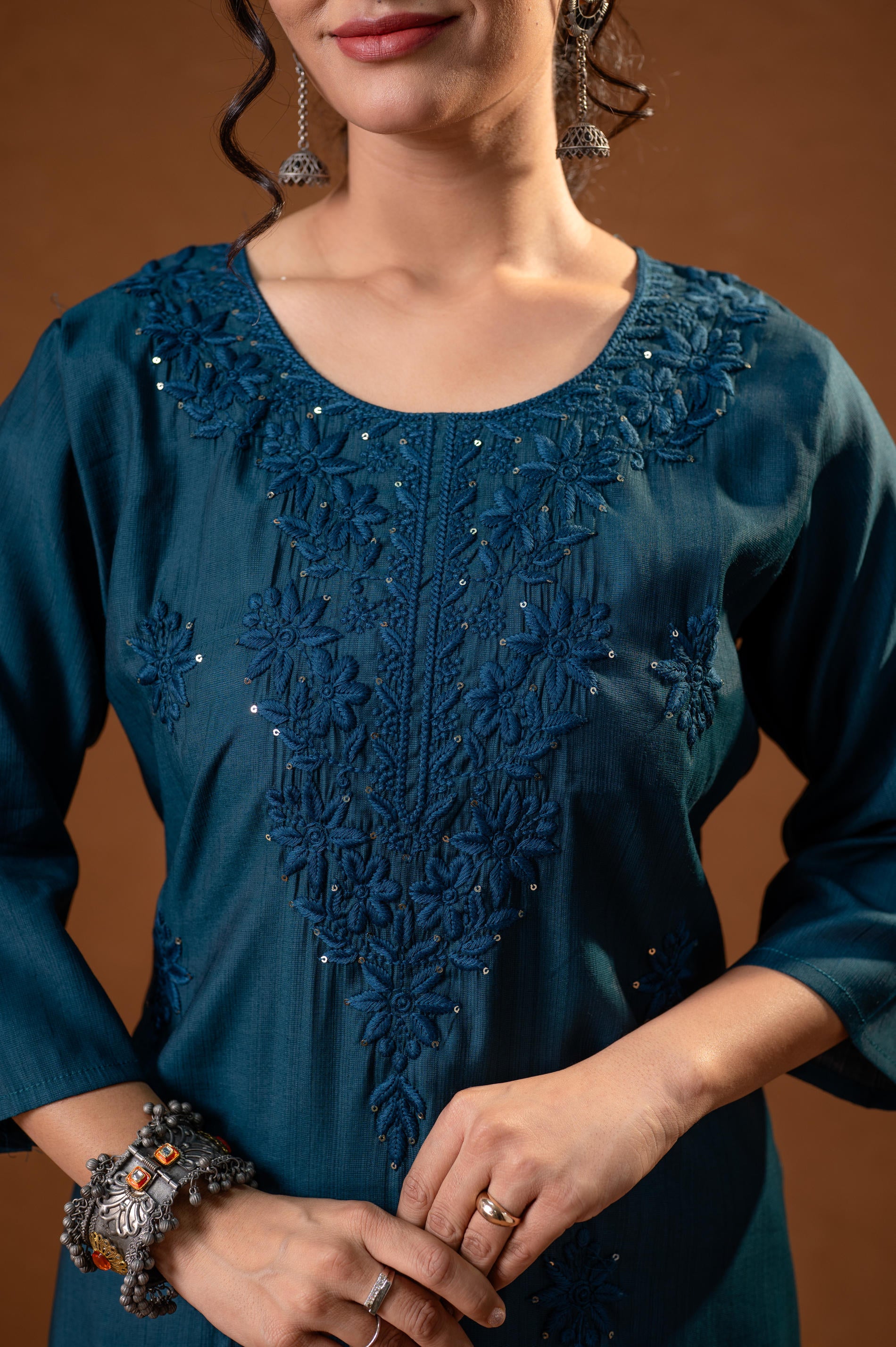 Teal Tonal Sequin Embellished Straight Kurta Set