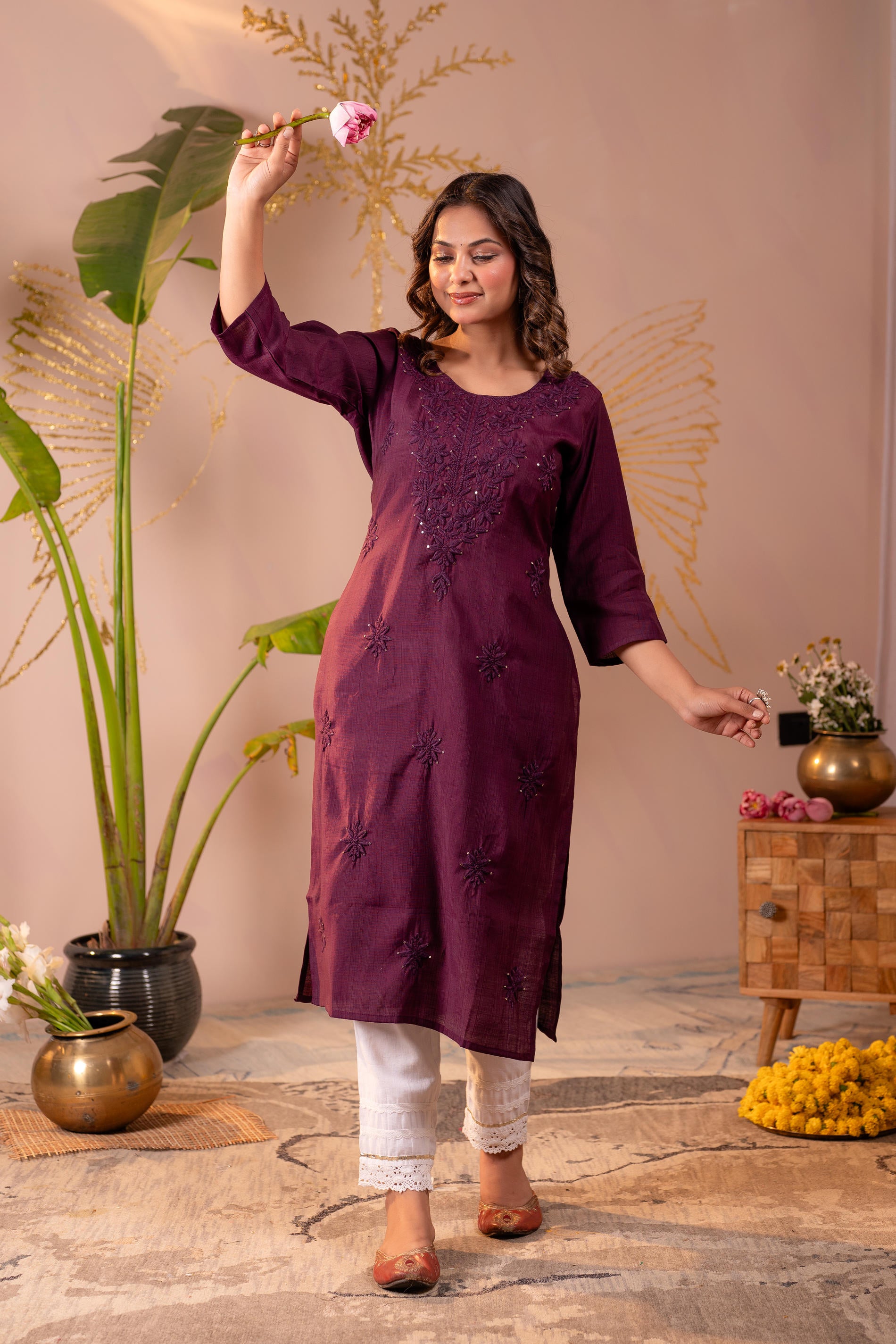 Wine Tonal Sequin Embellished Straight Kurta Set