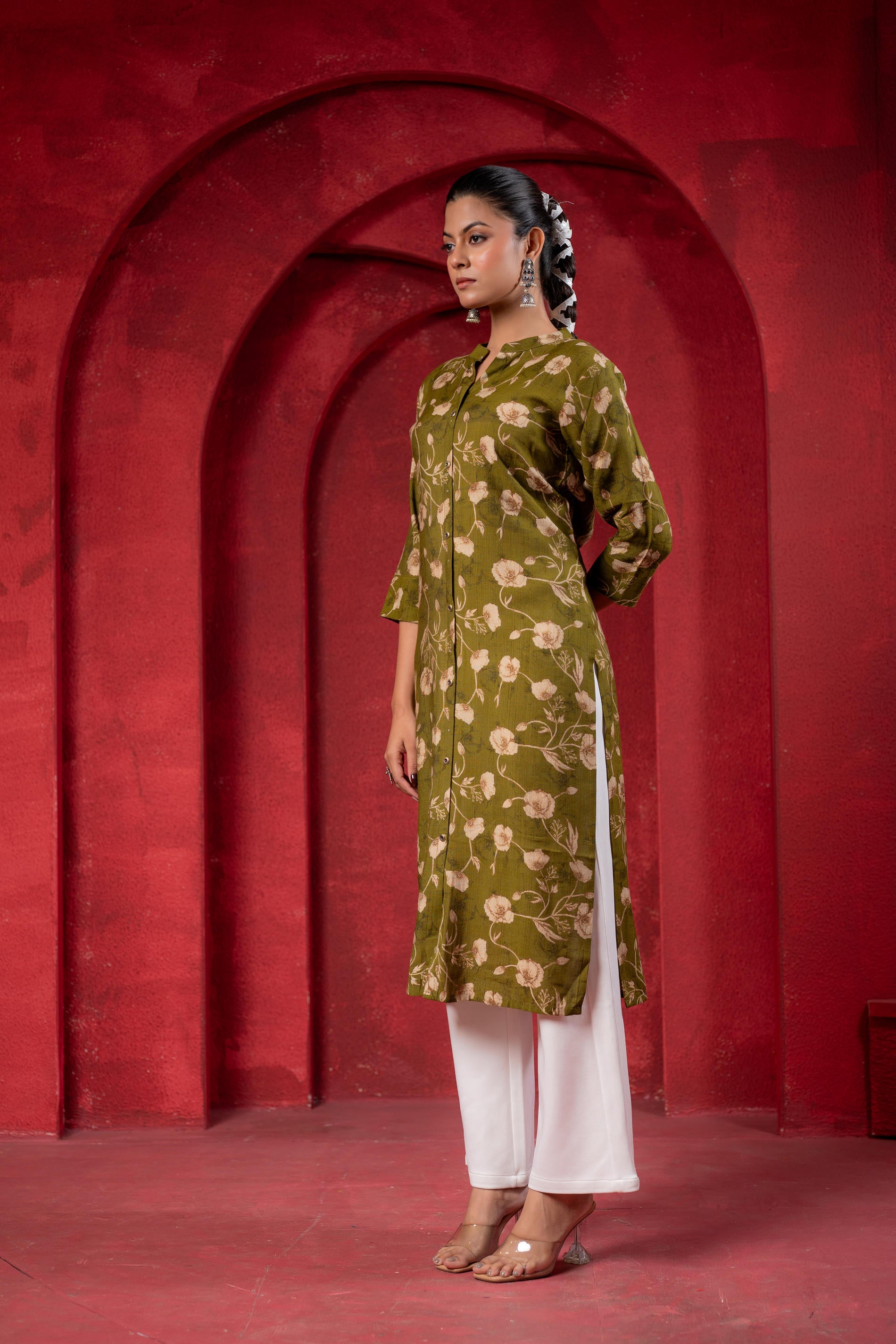 Olive Green Floral Handblock-Style Straight Kurta