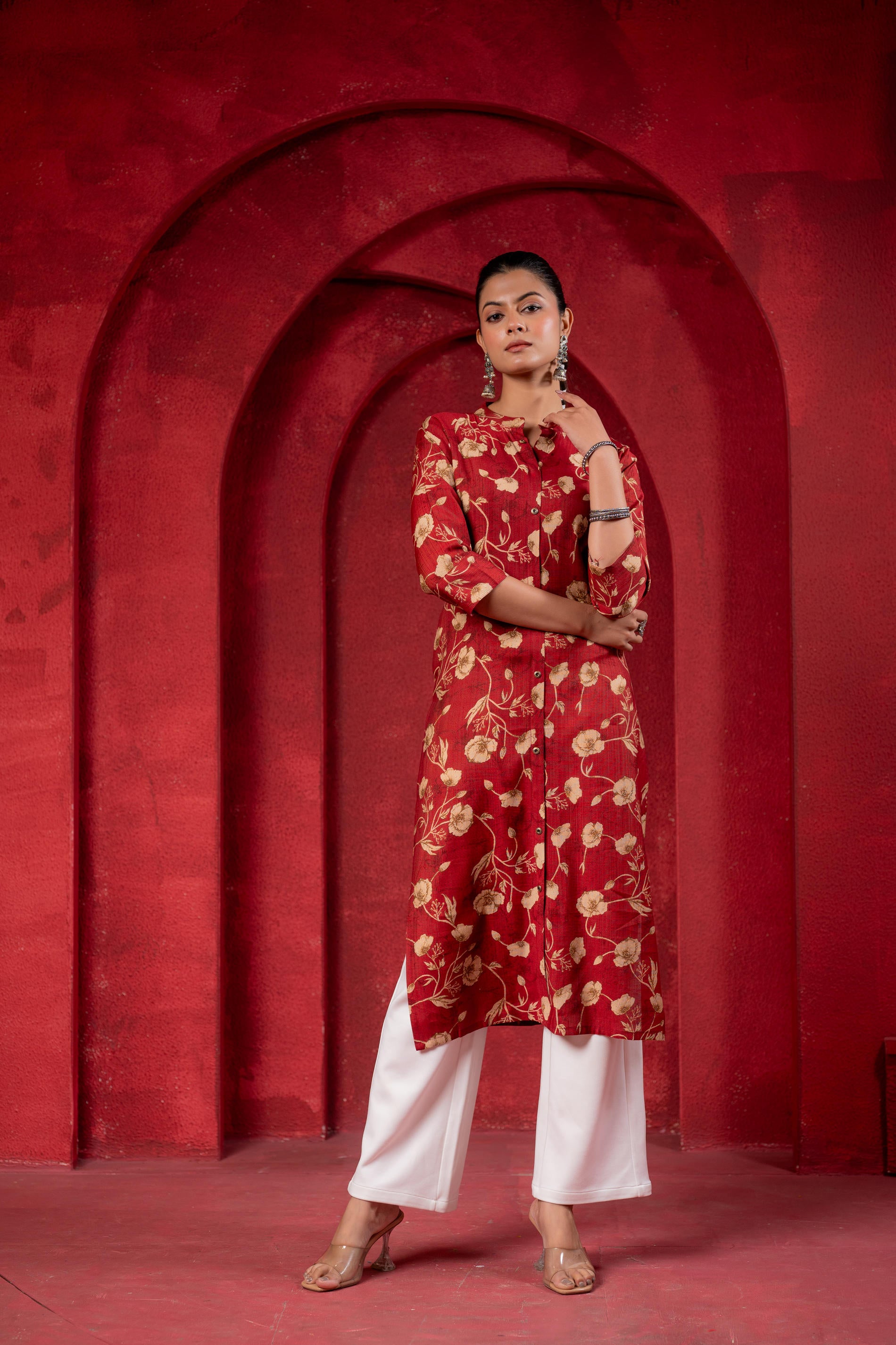 Maroon Floral Handblock-Style Straight Kurta