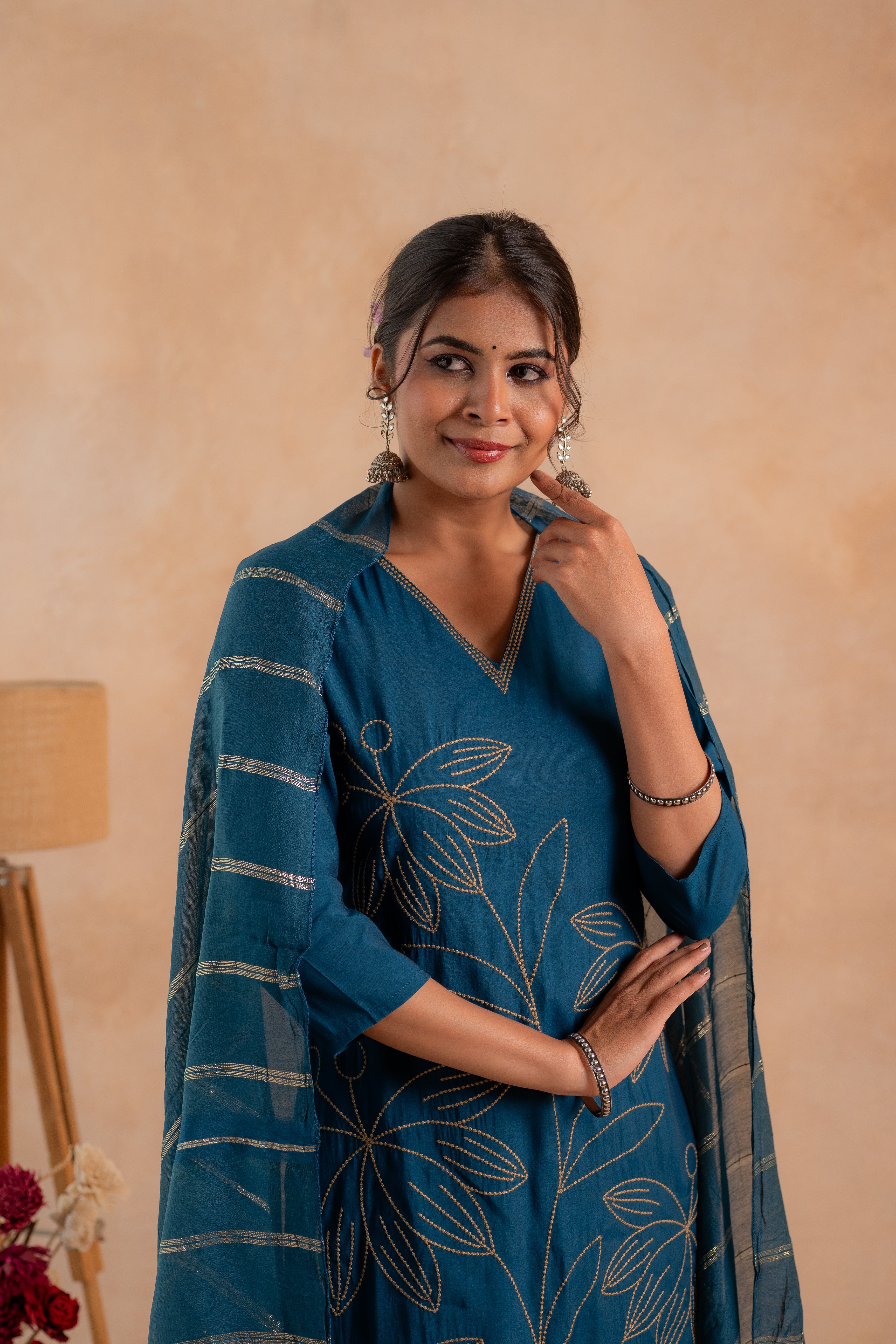 Indigo Solid Embroidered Straight Kurta Pant and Dupatta Set with Thread Work