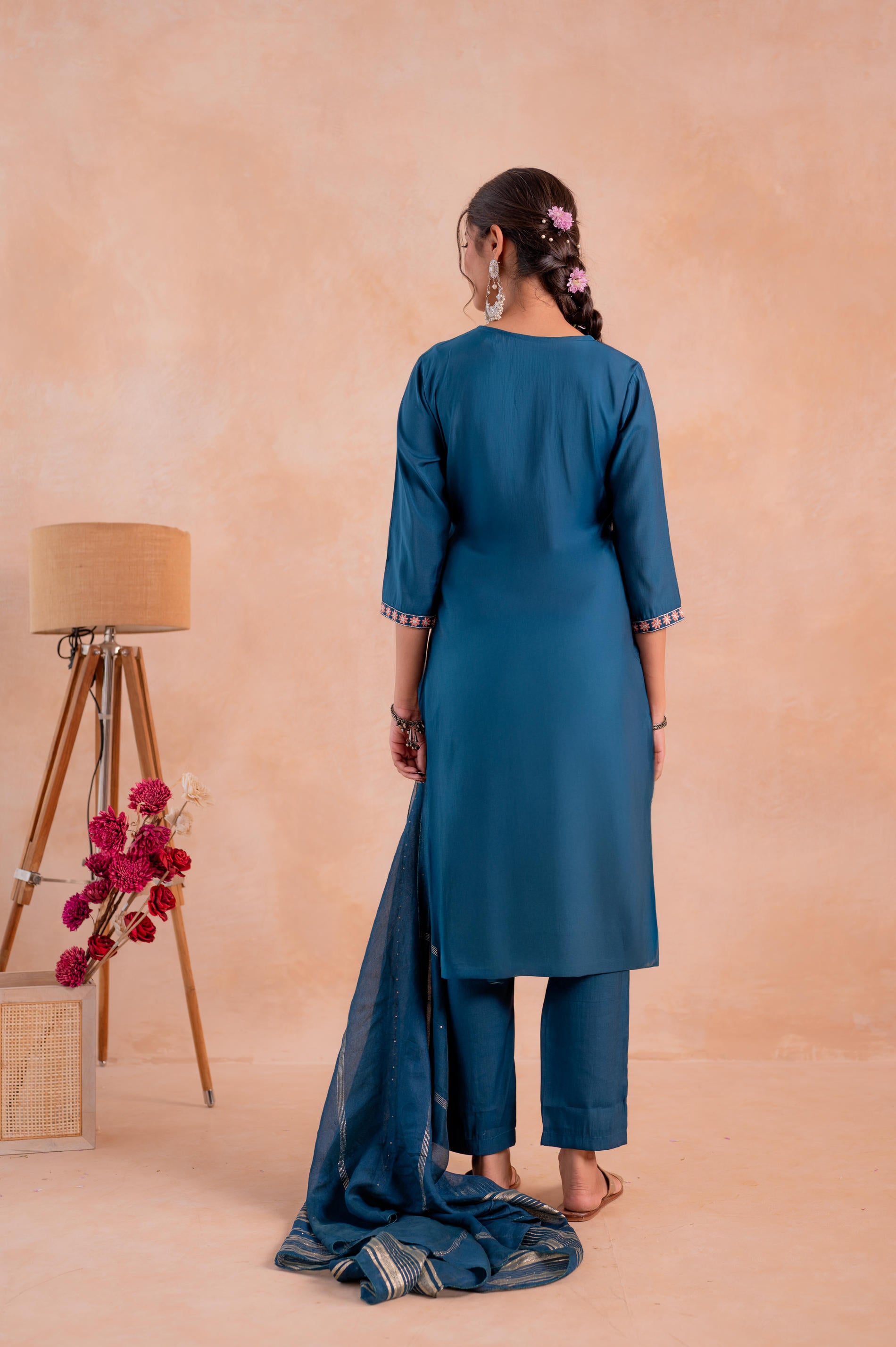 Indigo Poly Viscose Straight Kurta Pant And Dupatta Set with Thread & Sequence Work