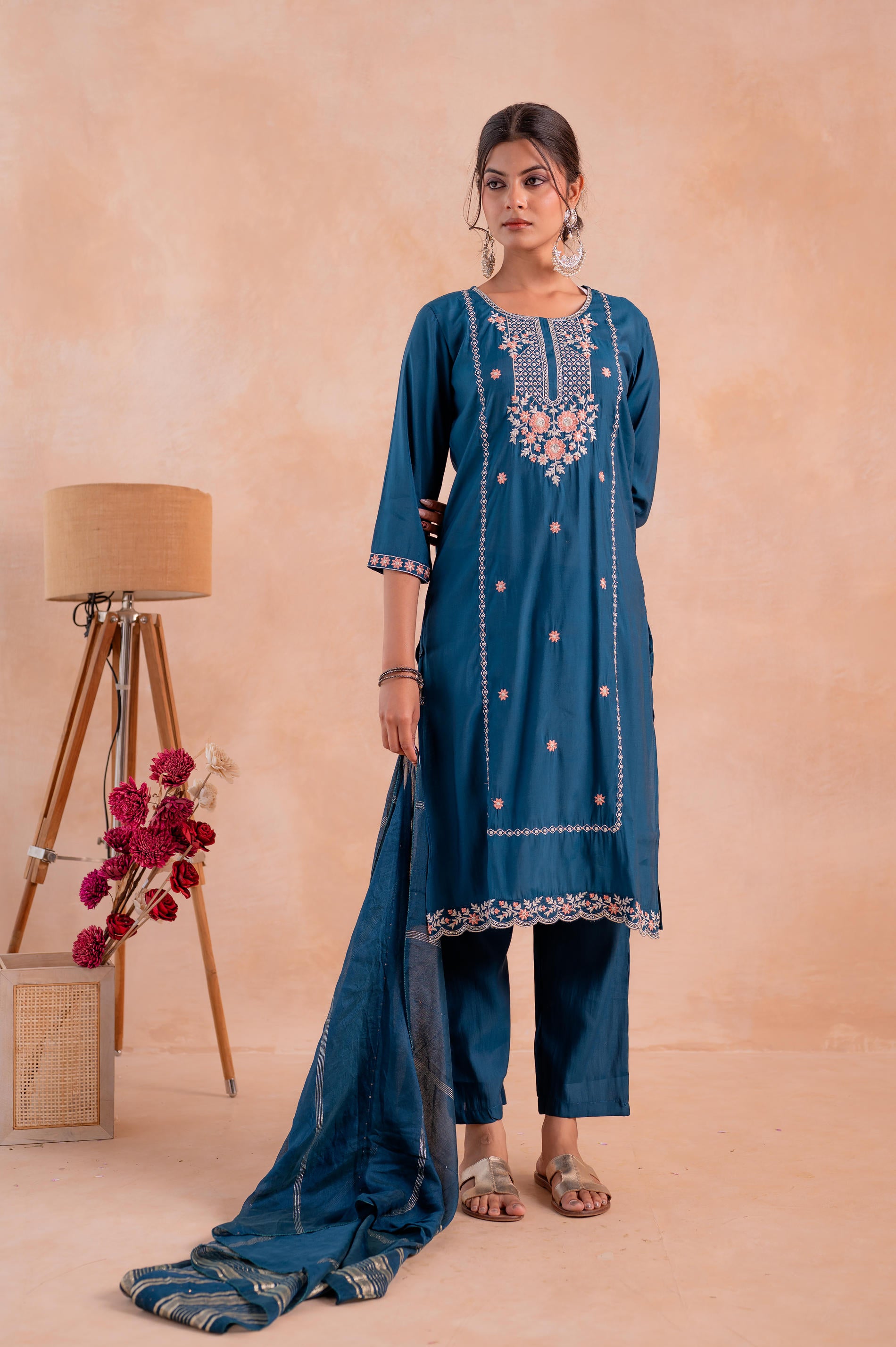 Indigo Poly Viscose Straight Kurta Pant And Dupatta Set with Thread & Sequence Work