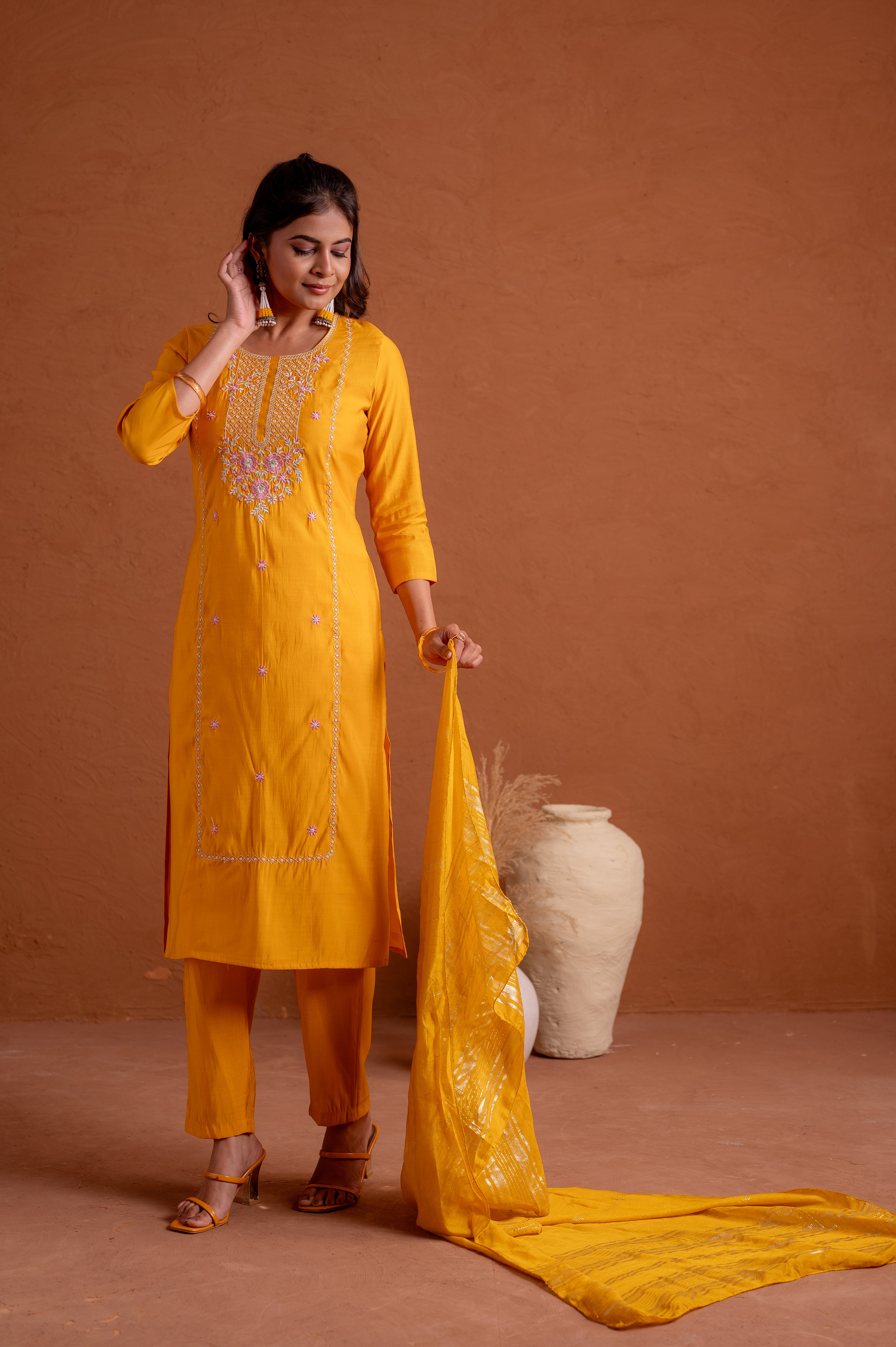 Mustard Poly Viscose Straight Kurta Pant And Dupatta Set with Thread & Sequence Work