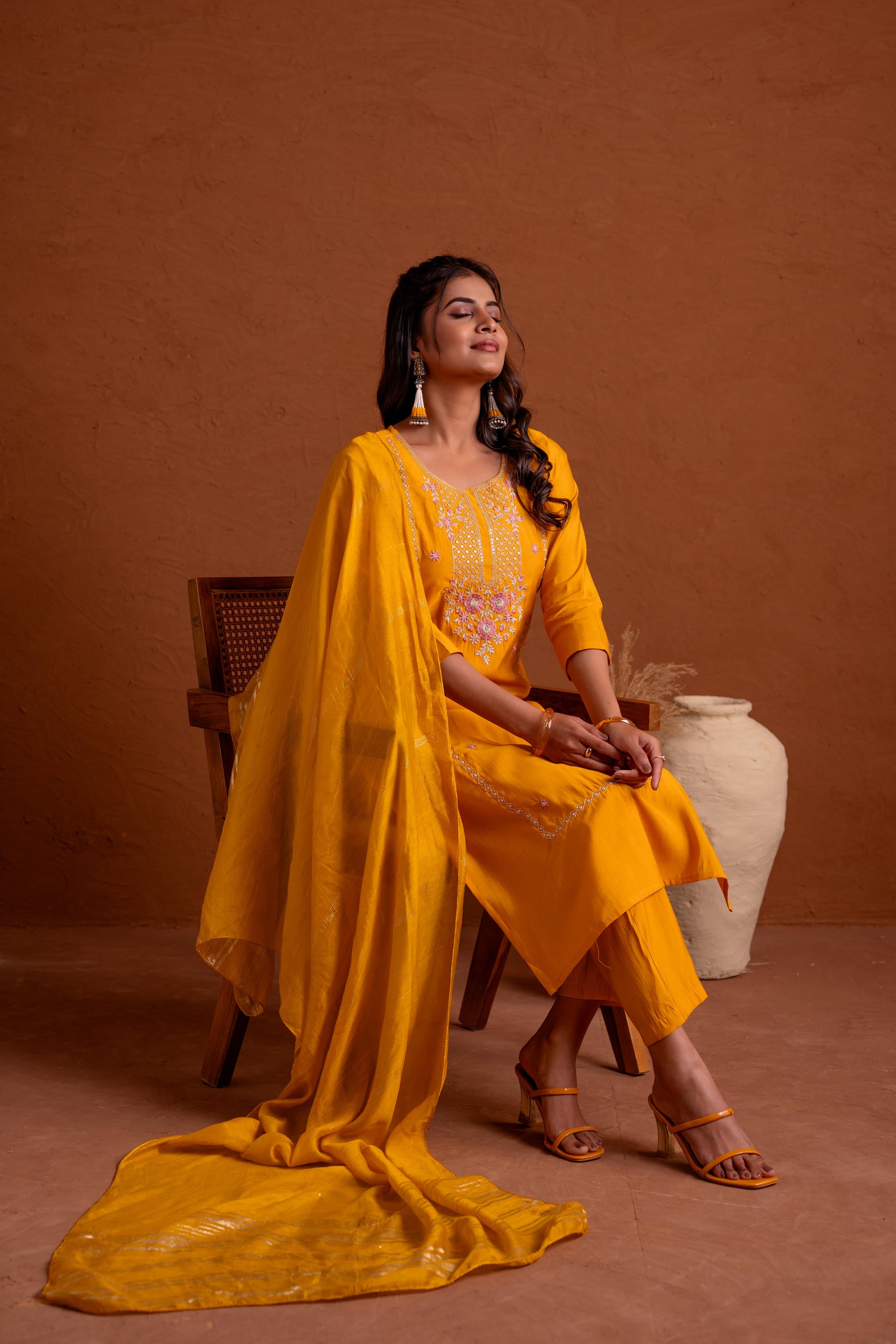 Mustard Poly Viscose Straight Kurta Pant And Dupatta Set with Thread & Sequence Work
